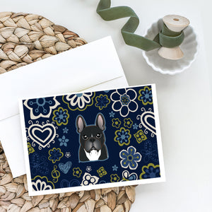 Blue Flowers French Bulldog Greeting Cards And Envelopes Pack Of 8