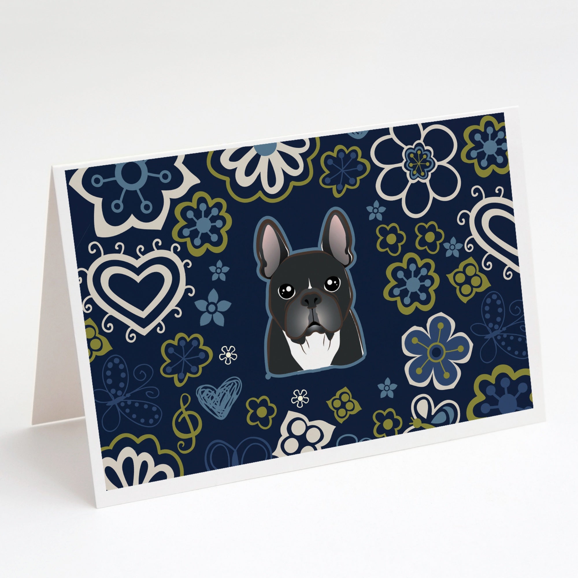 Blue Flowers French Bulldog Greeting Cards And Envelopes Pack Of 8