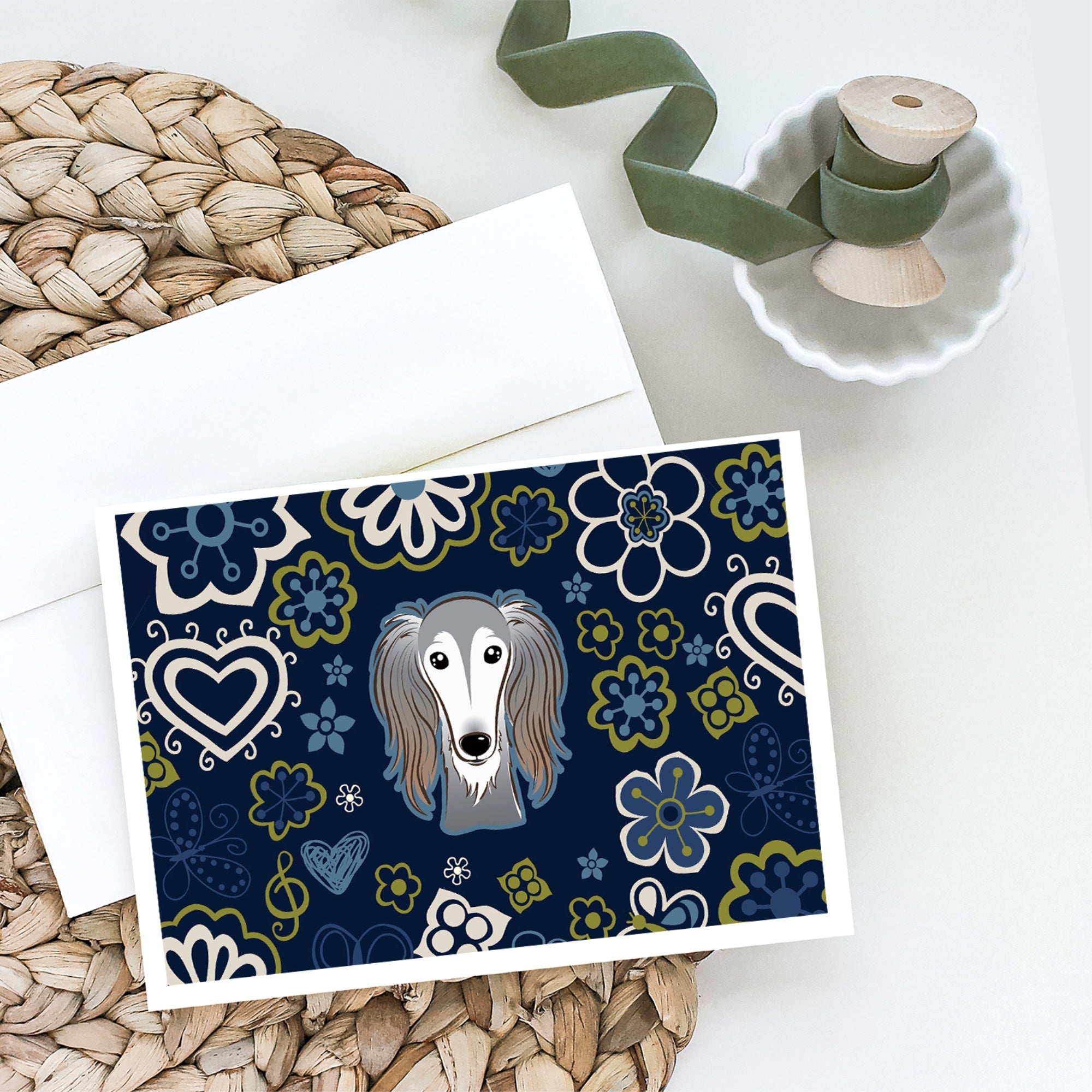 Blue Flowers Saluki Greeting Cards And Envelopes Pack Of 8