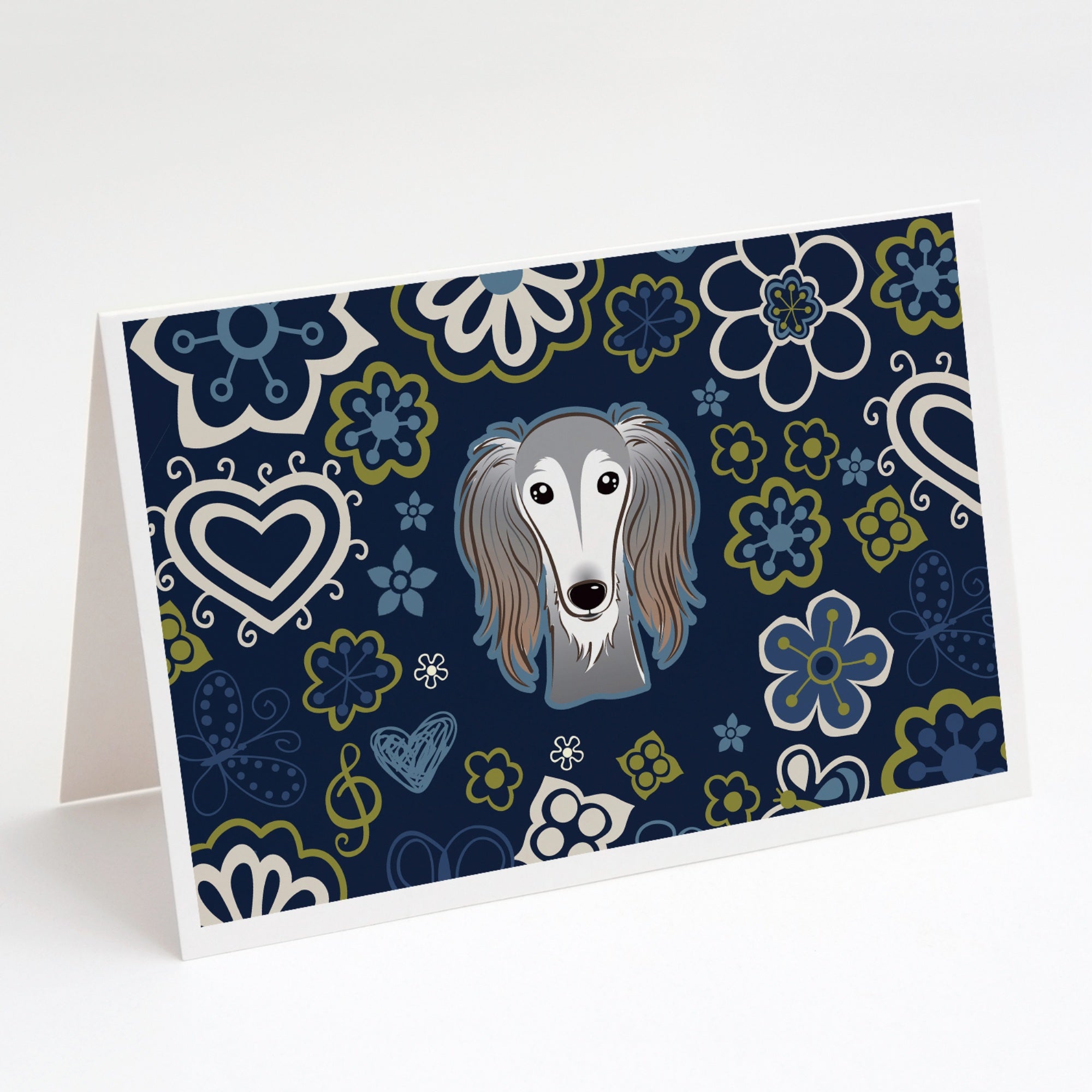 Blue Flowers Saluki Greeting Cards And Envelopes Pack Of 8