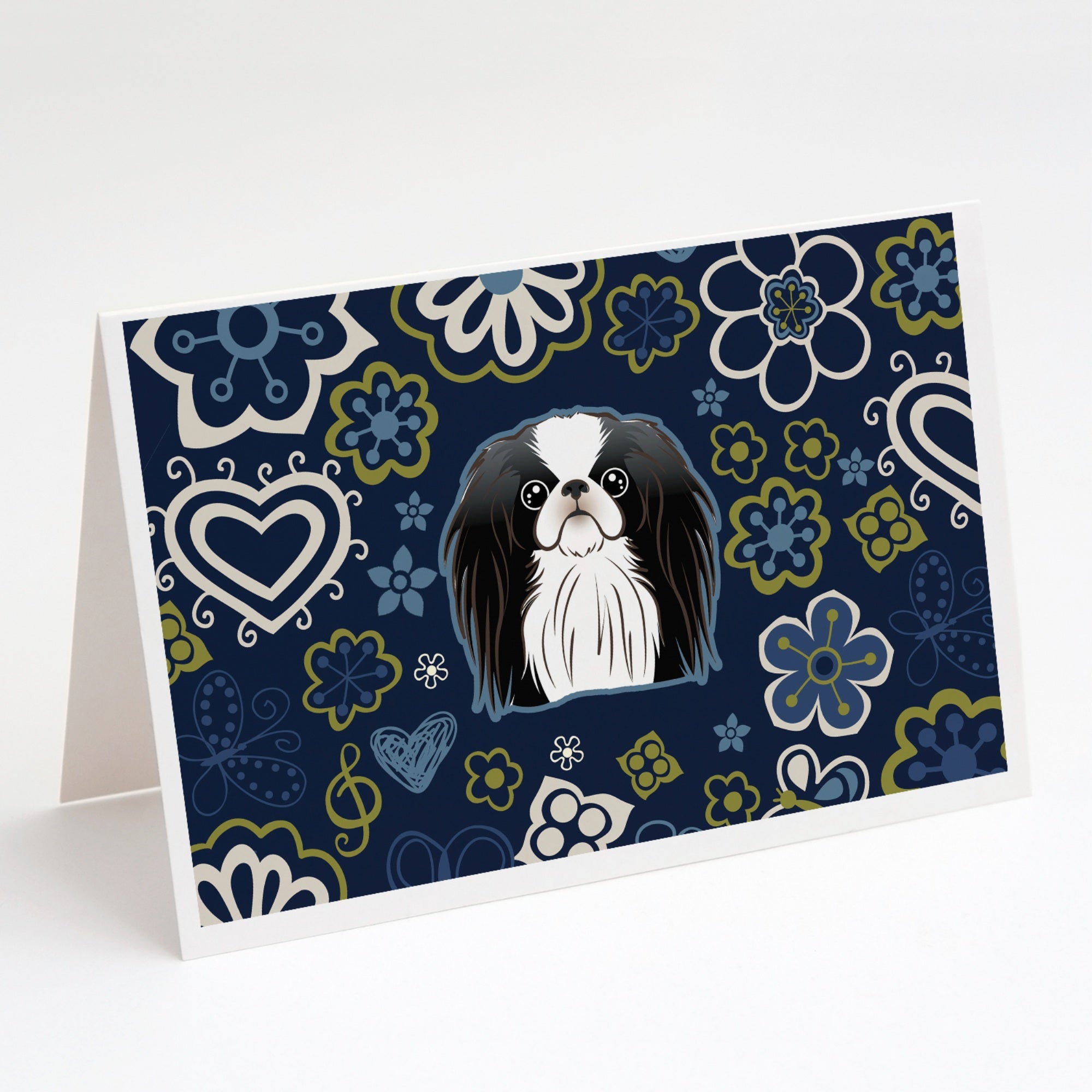 Blue Flowers Japanese Chin Greeting Cards And Envelopes Pack Of 8