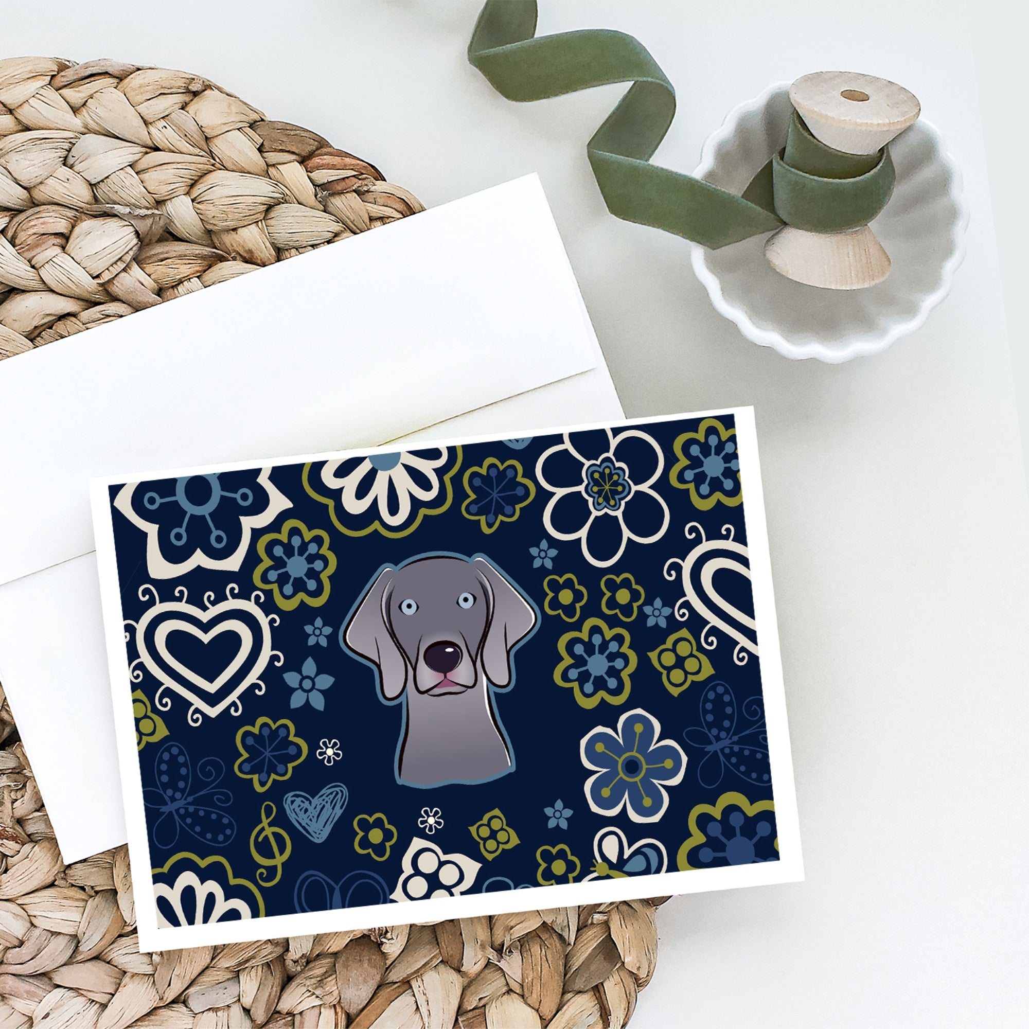 Blue Flowers Weimaraner Greeting Cards And Envelopes Pack Of 8