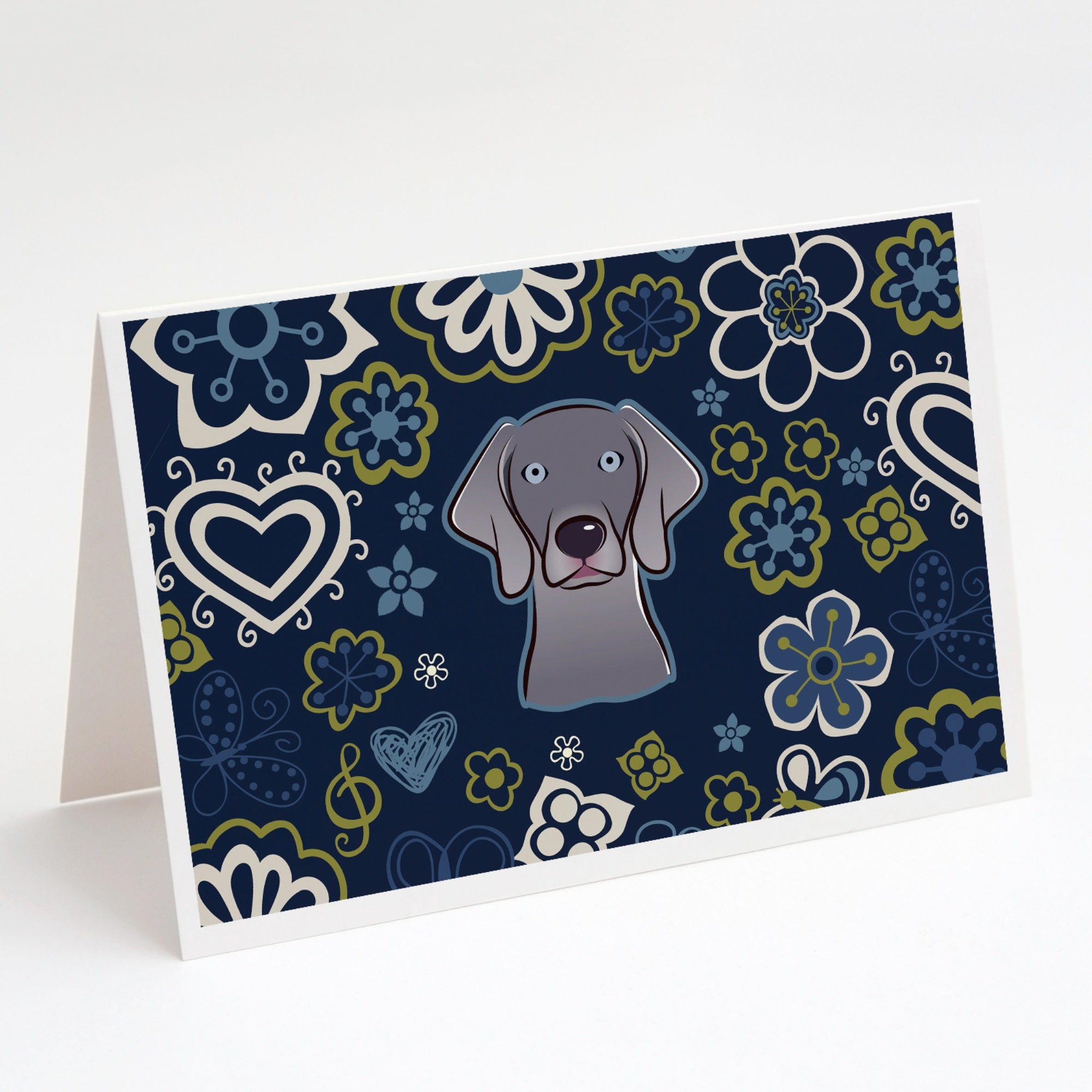 Blue Flowers Weimaraner Greeting Cards And Envelopes Pack Of 8