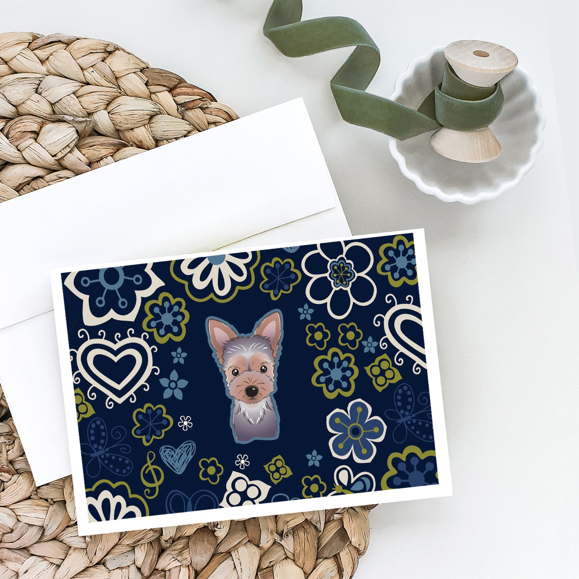 Blue Flowers Yorkie Puppy Greeting Cards And Envelopes Pack Of 8