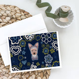 Blue Flowers Yorkie Puppy Greeting Cards And Envelopes Pack Of 8