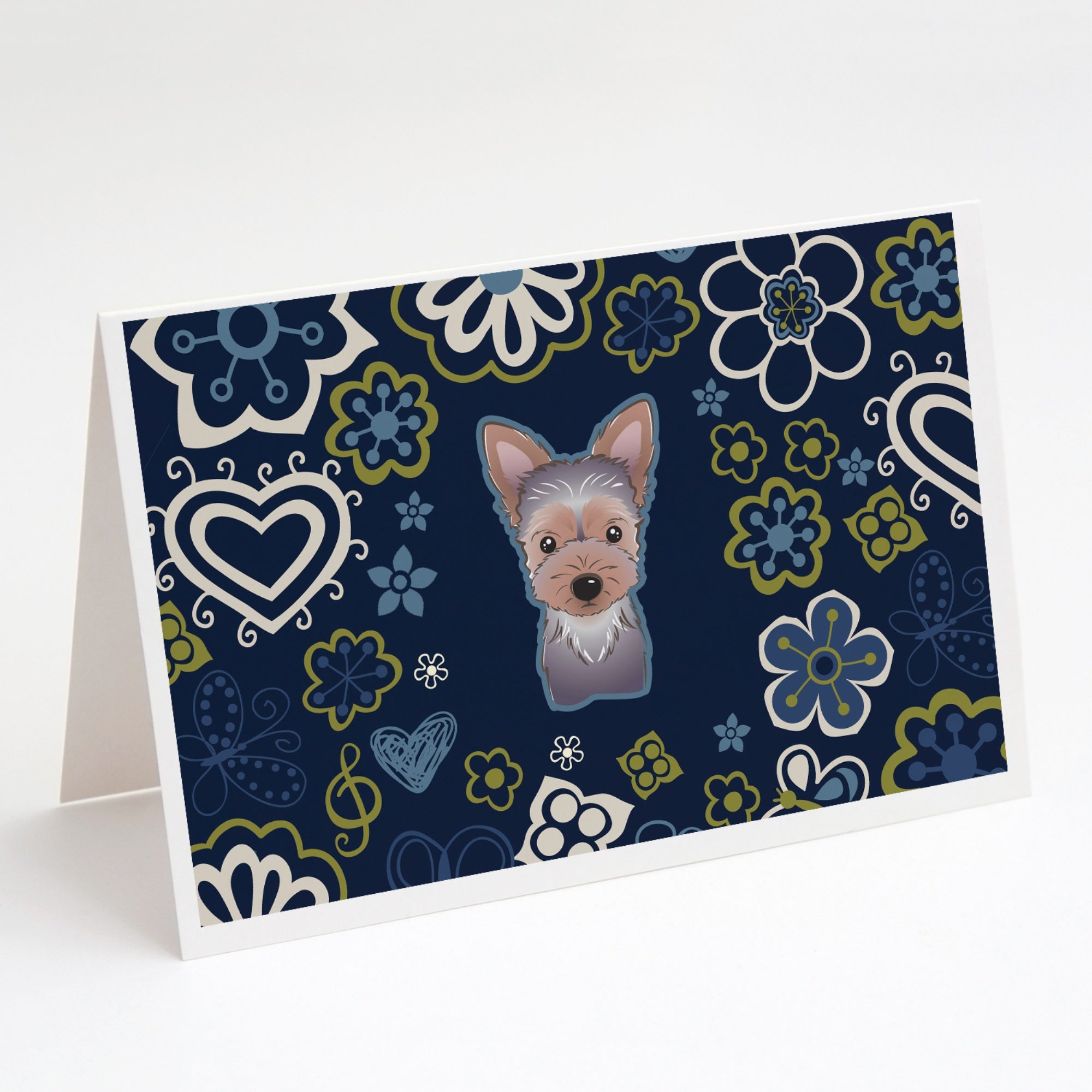 Blue Flowers Yorkie Puppy Greeting Cards And Envelopes Pack Of 8