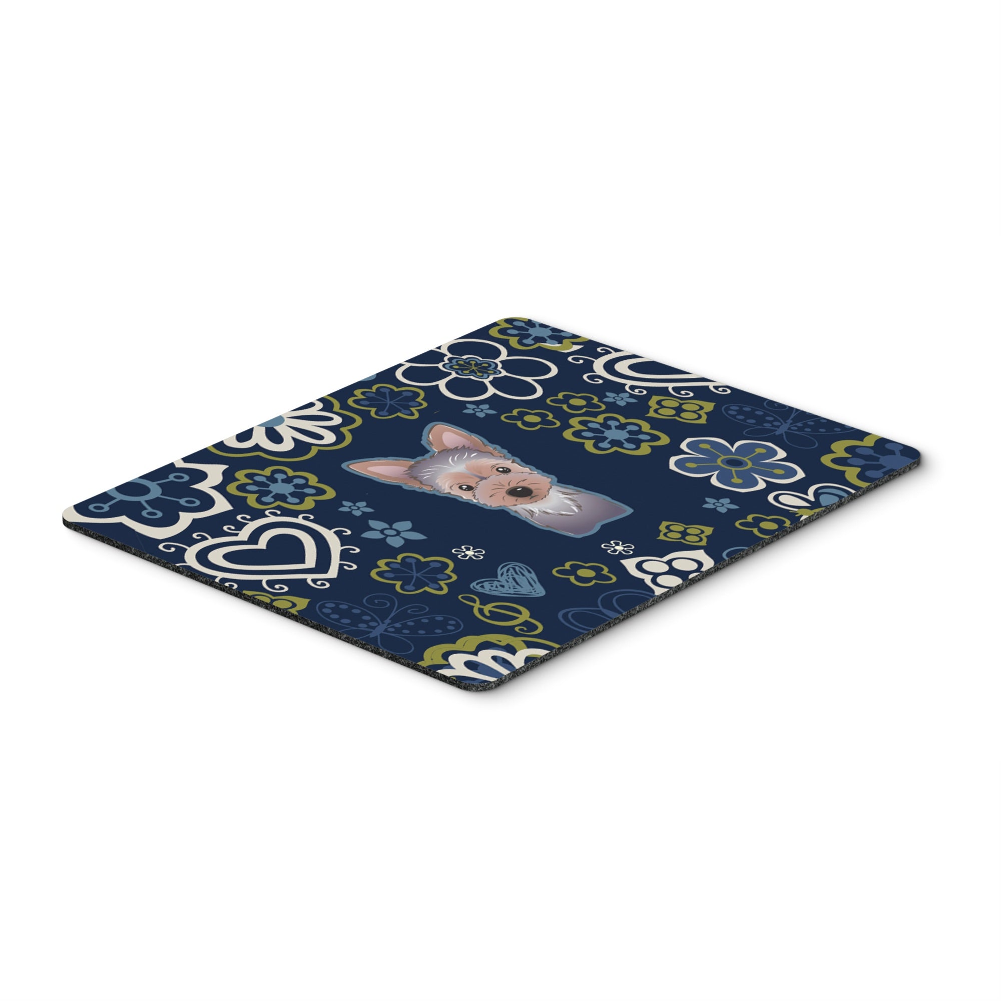 Blue Flowers Yorkie Puppy Mouse Pad, Hot Pad Or Trivet