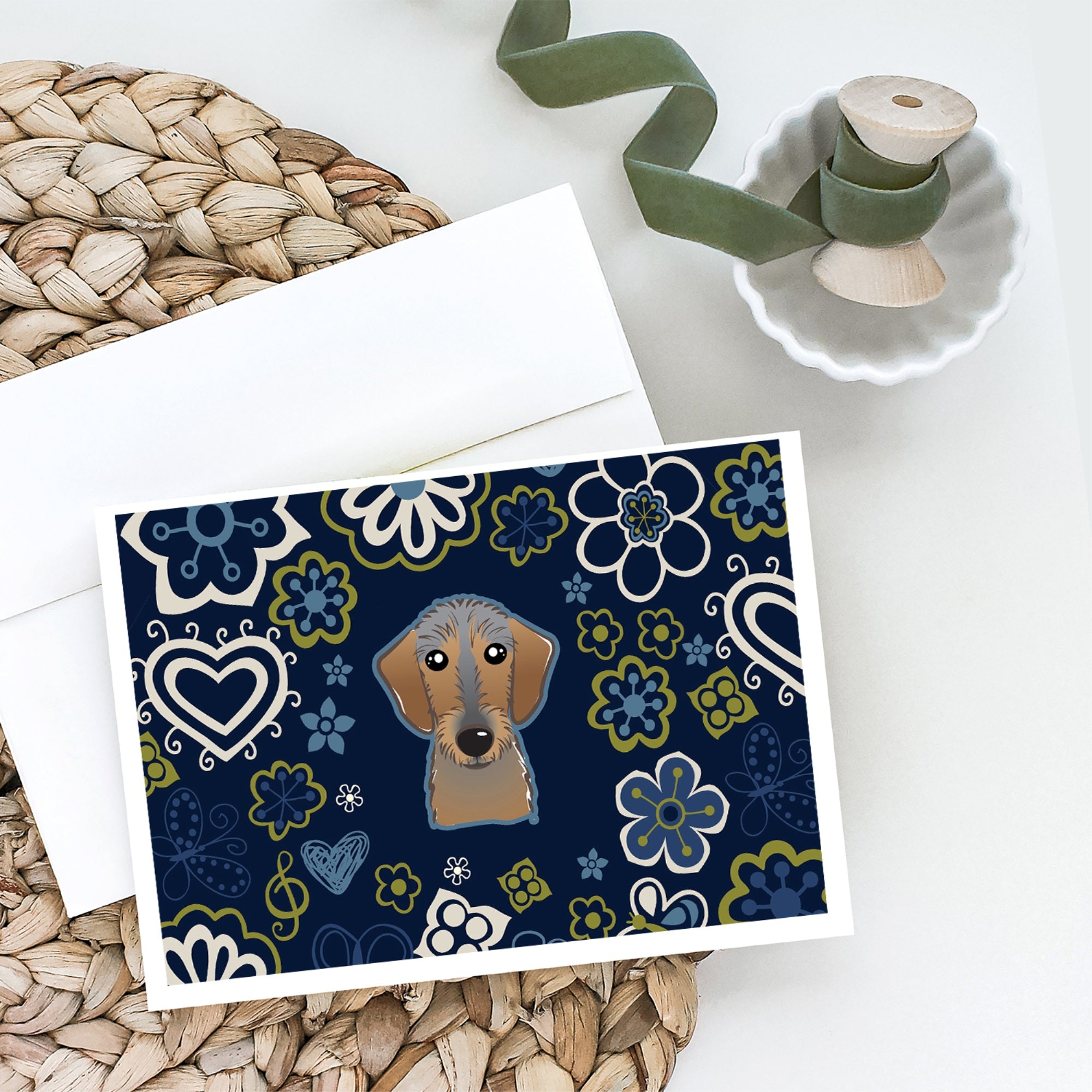 Blue Flowers Wirehaired Dachshund Greeting Cards And Envelopes Pack Of 8
