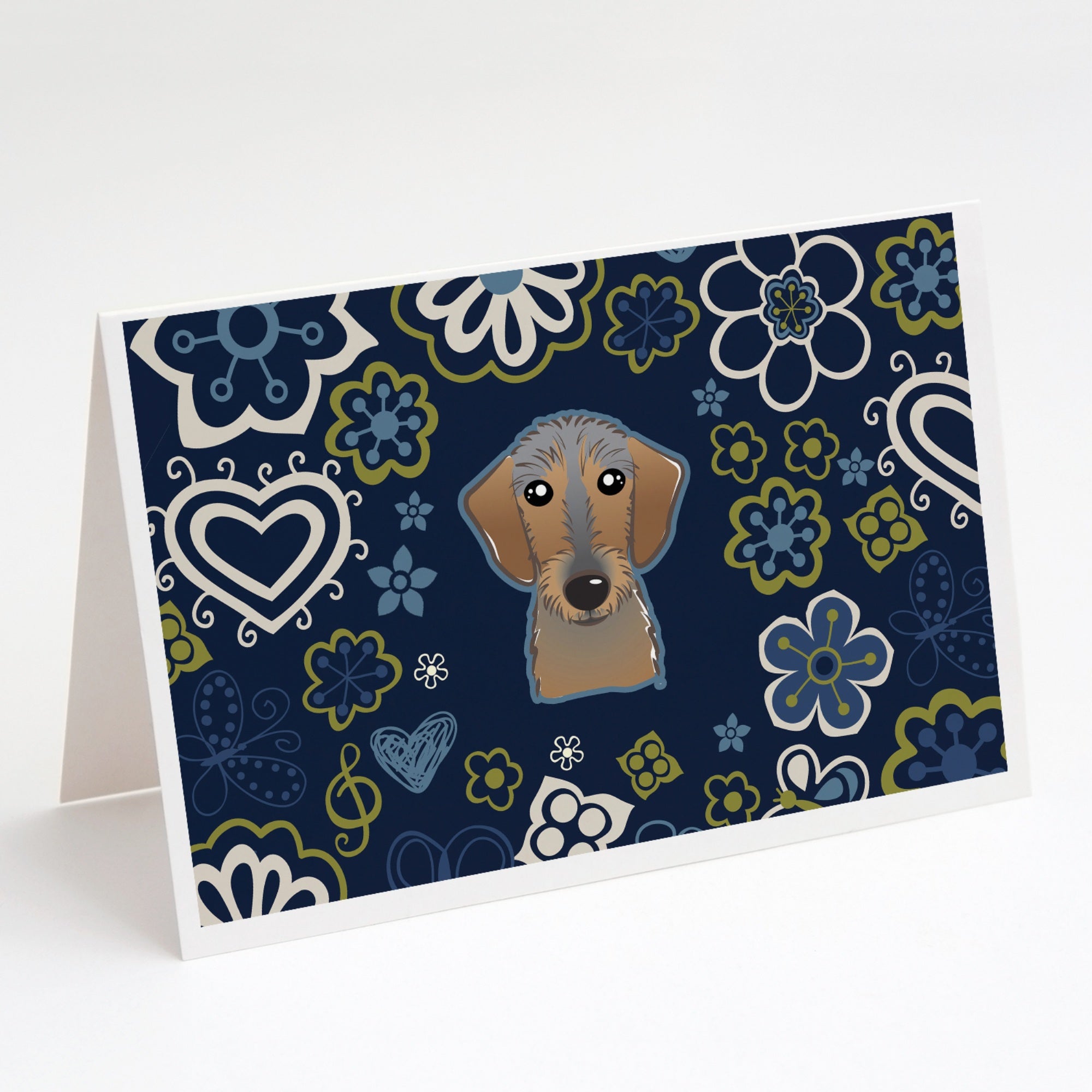Blue Flowers Wirehaired Dachshund Greeting Cards And Envelopes Pack Of 8