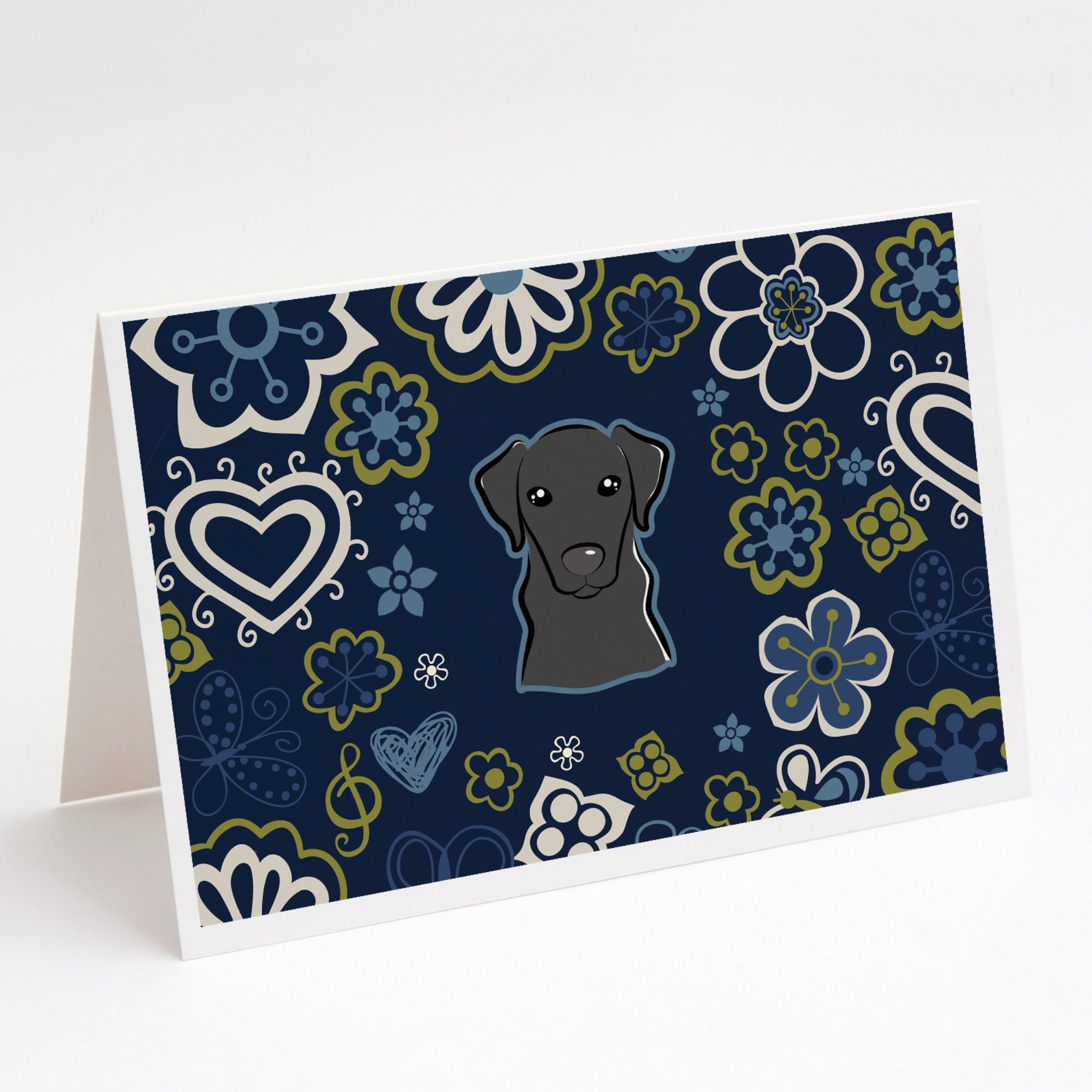 Blue Flowers Black Labrador Greeting Cards And Envelopes Pack Of 8