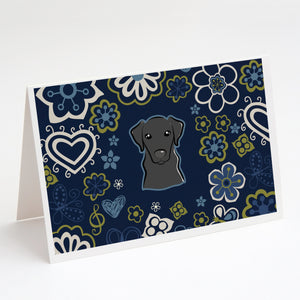Blue Flowers Black Labrador Greeting Cards And Envelopes Pack Of 8