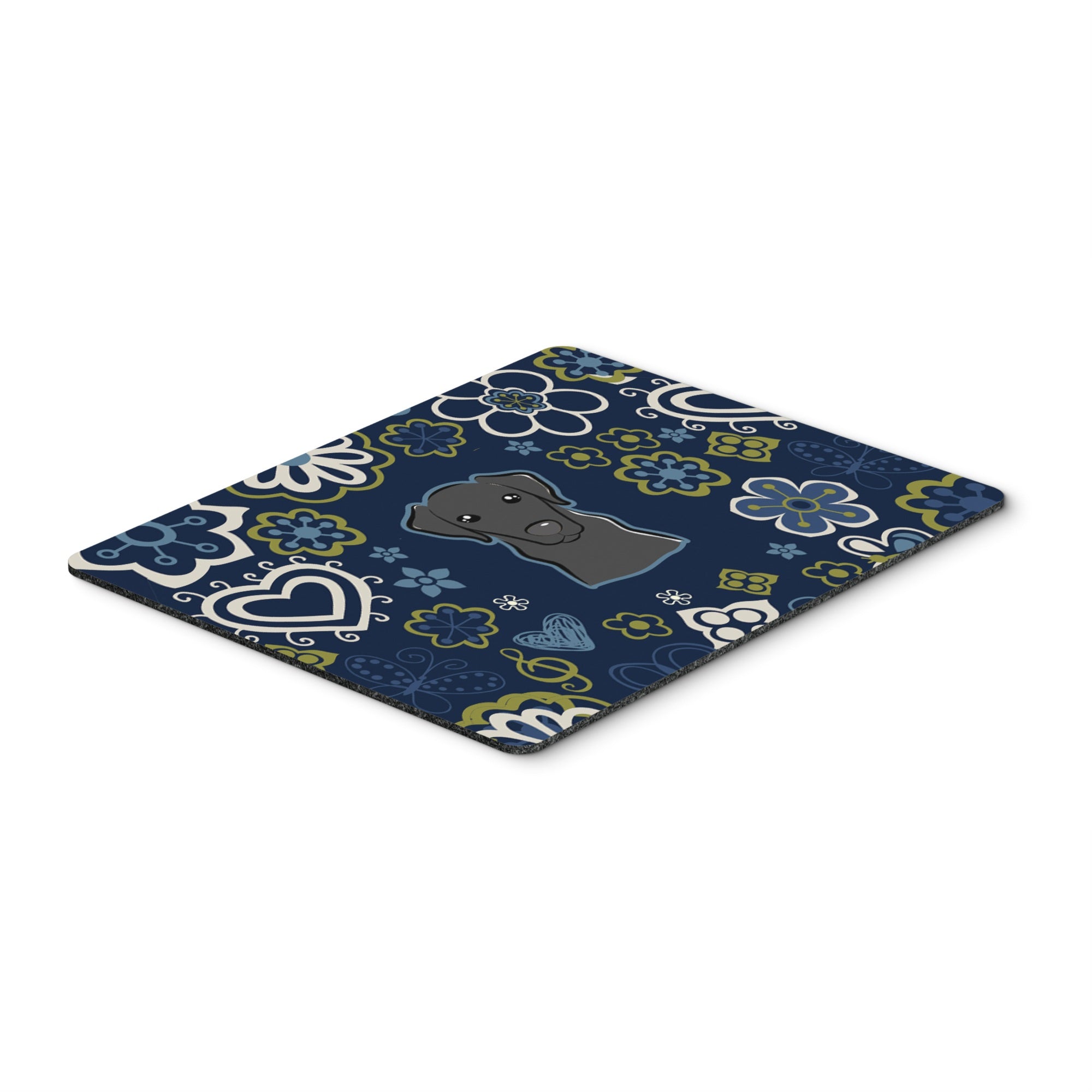 Blue Flowers Black Labrador Mouse Pad, Hot Pad Or Trivet