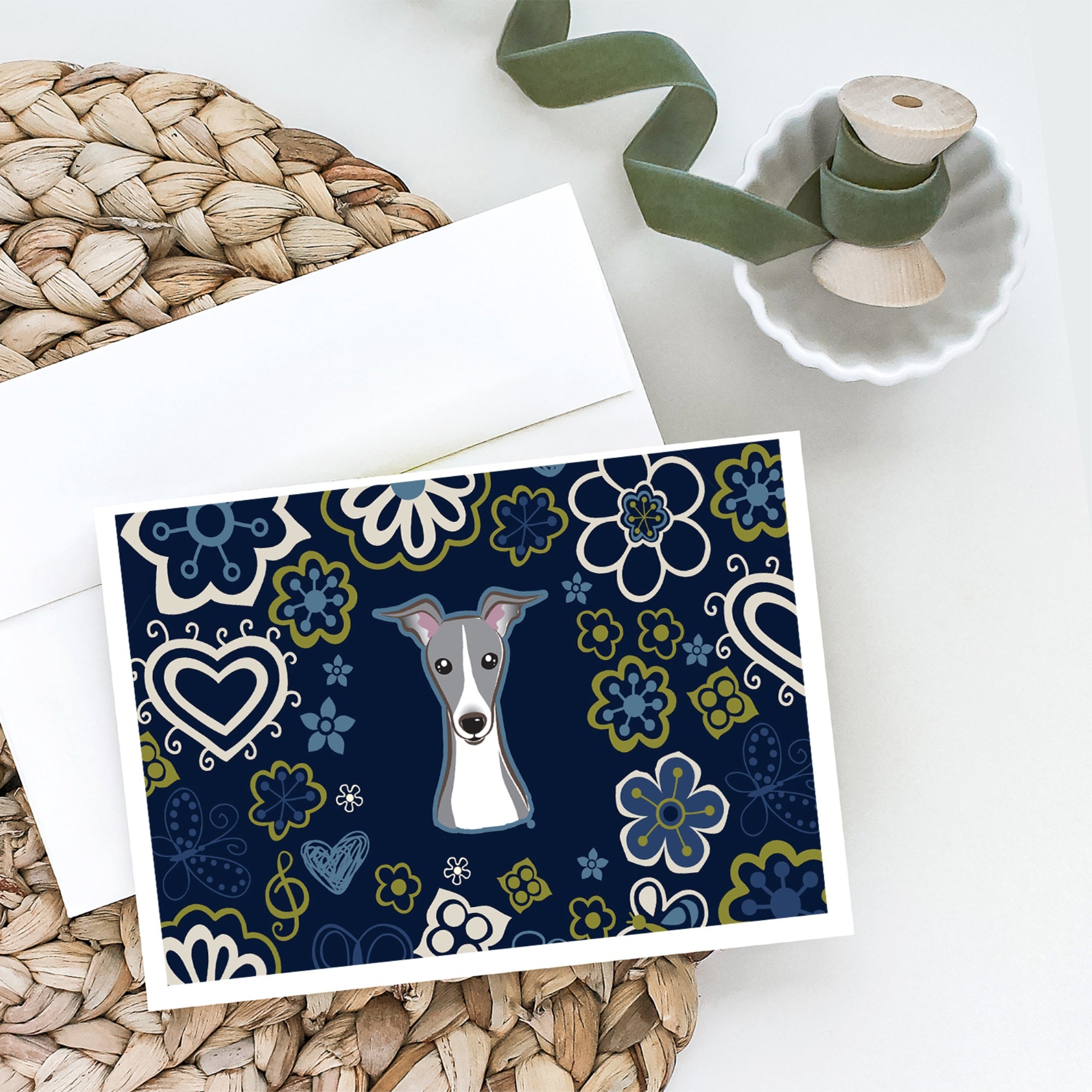 Blue Flowers Italian Greyhound Greeting Cards And Envelopes Pack Of 8