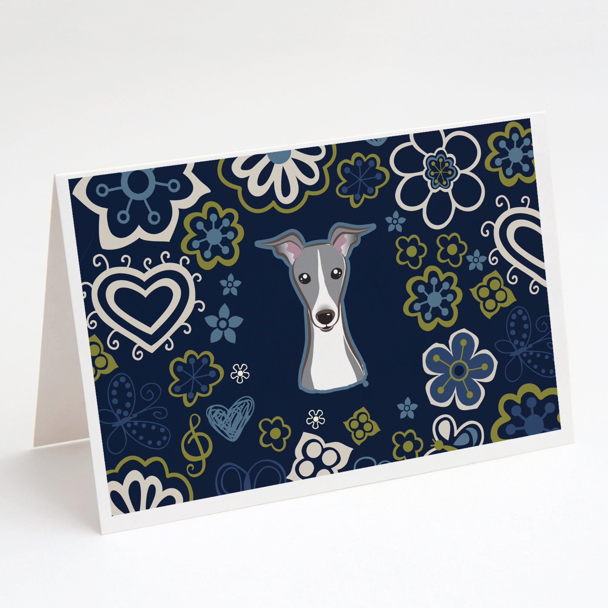 Blue Flowers Italian Greyhound Greeting Cards And Envelopes Pack Of 8