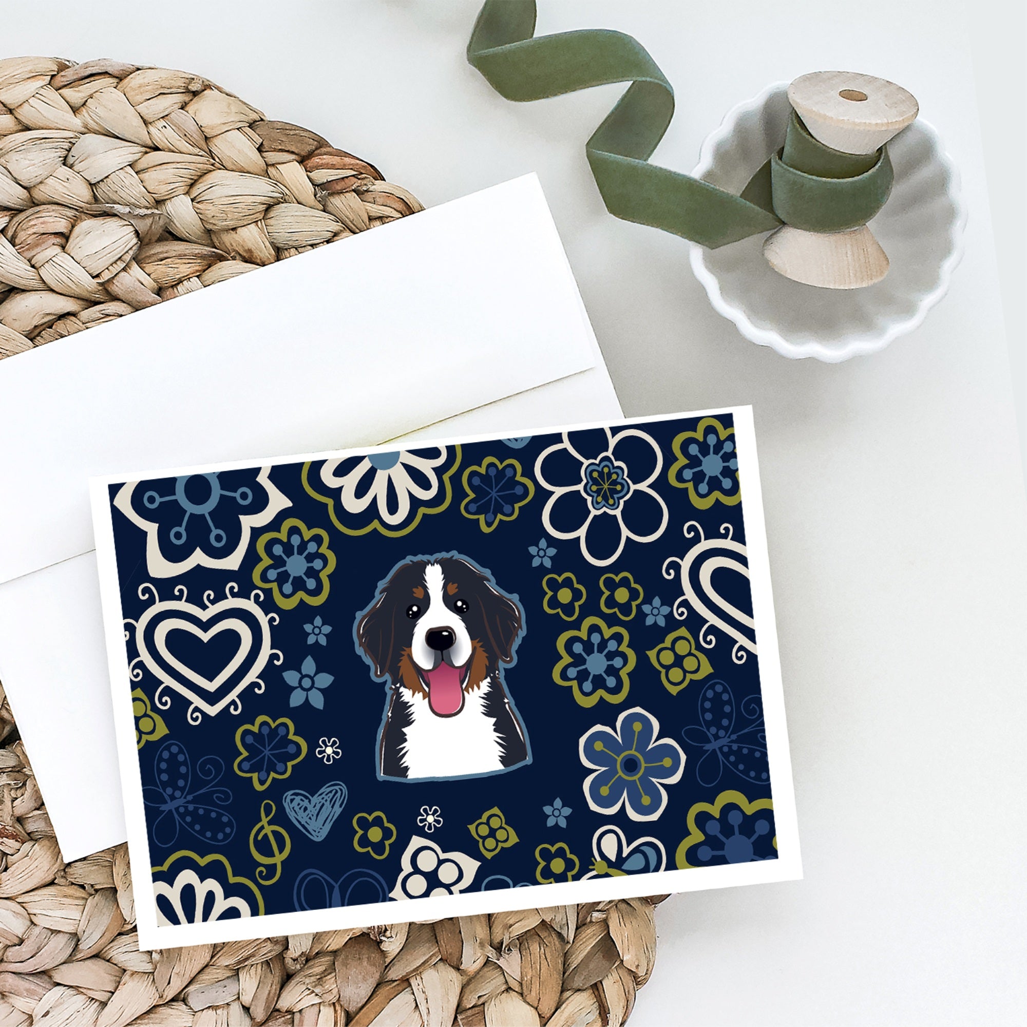 Blue Flowers Bernese Mountain Dog Greeting Cards And Envelopes Pack Of 8