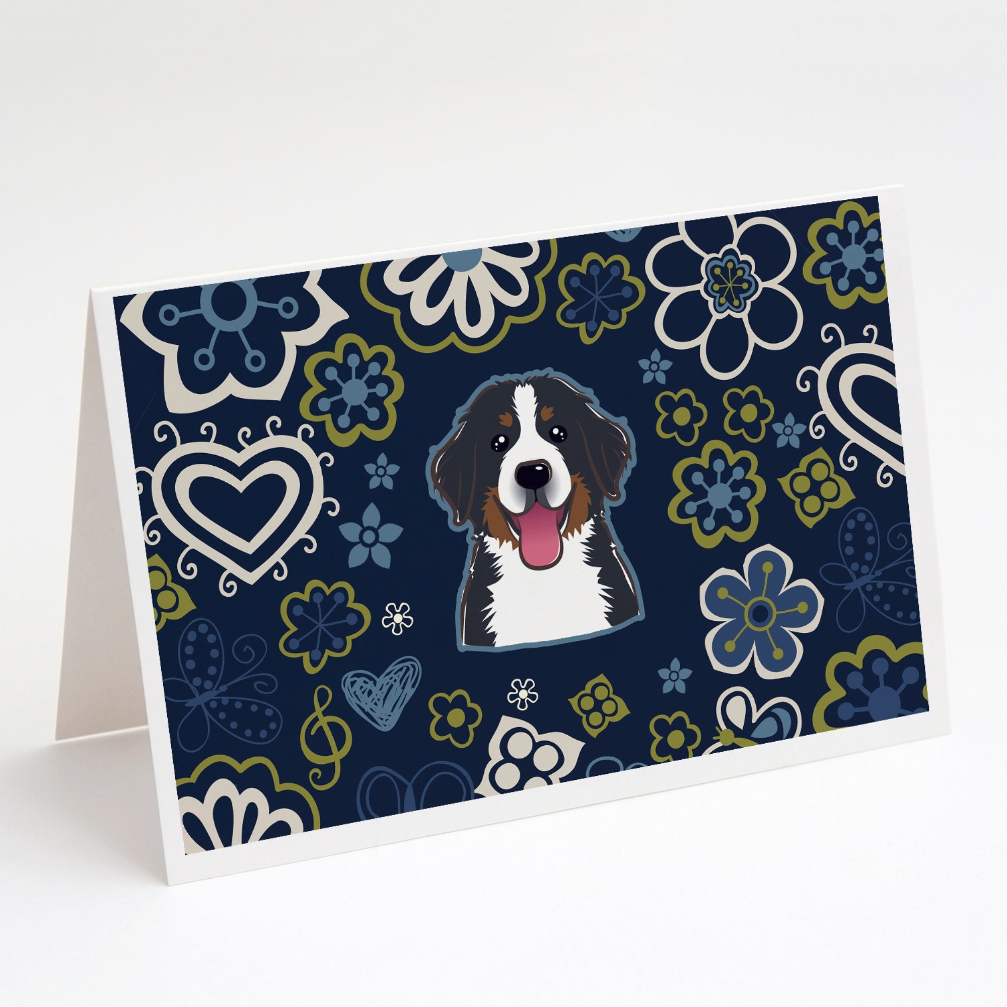 Blue Flowers Bernese Mountain Dog Greeting Cards And Envelopes Pack Of 8