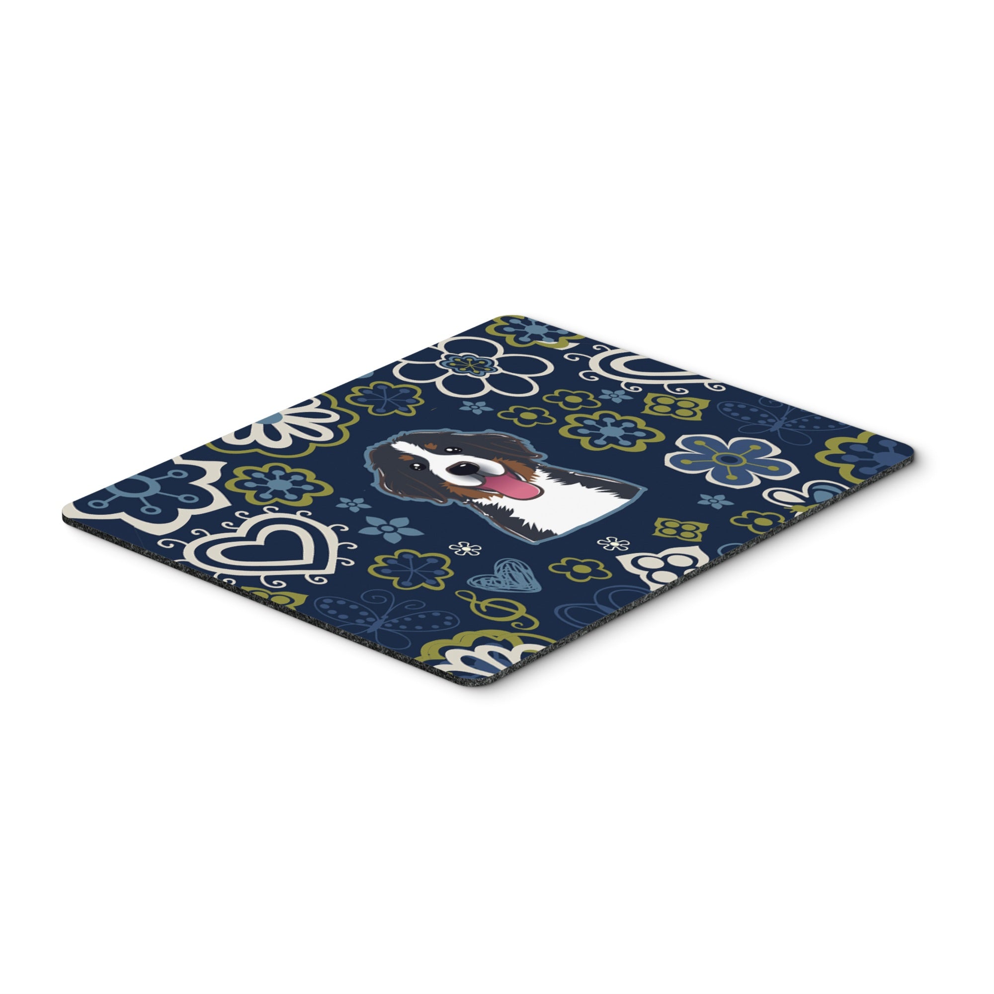 Blue Flowers Bernese Mountain Dog Mouse Pad, Hot Pad Or Trivet