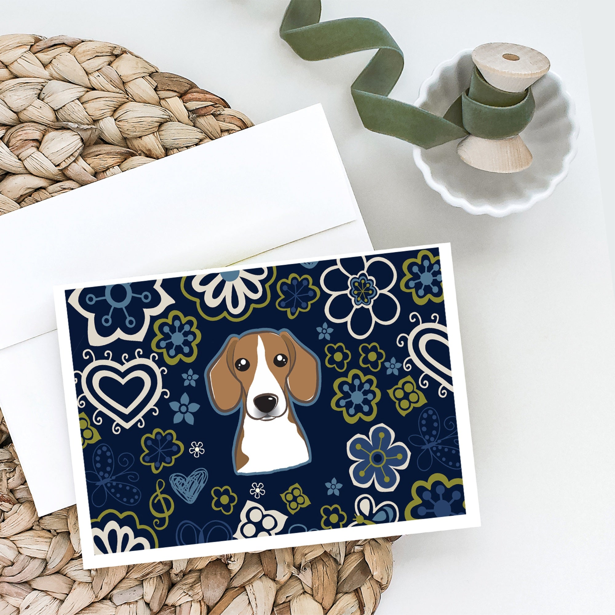 Blue Flowers Beagle Greeting Cards And Envelopes Pack Of 8