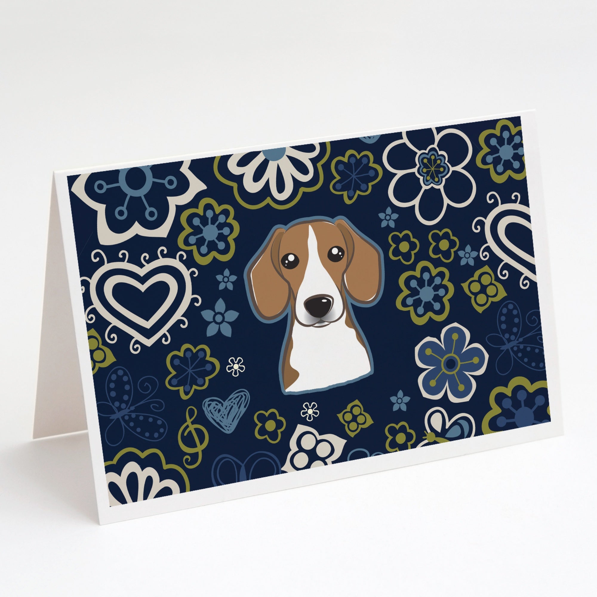 Blue Flowers Beagle Greeting Cards And Envelopes Pack Of 8