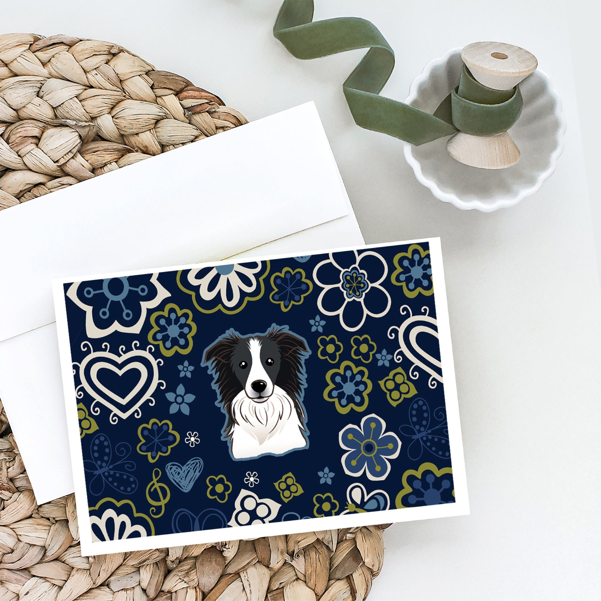Blue Flowers Border Collie Greeting Cards And Envelopes Pack Of 8
