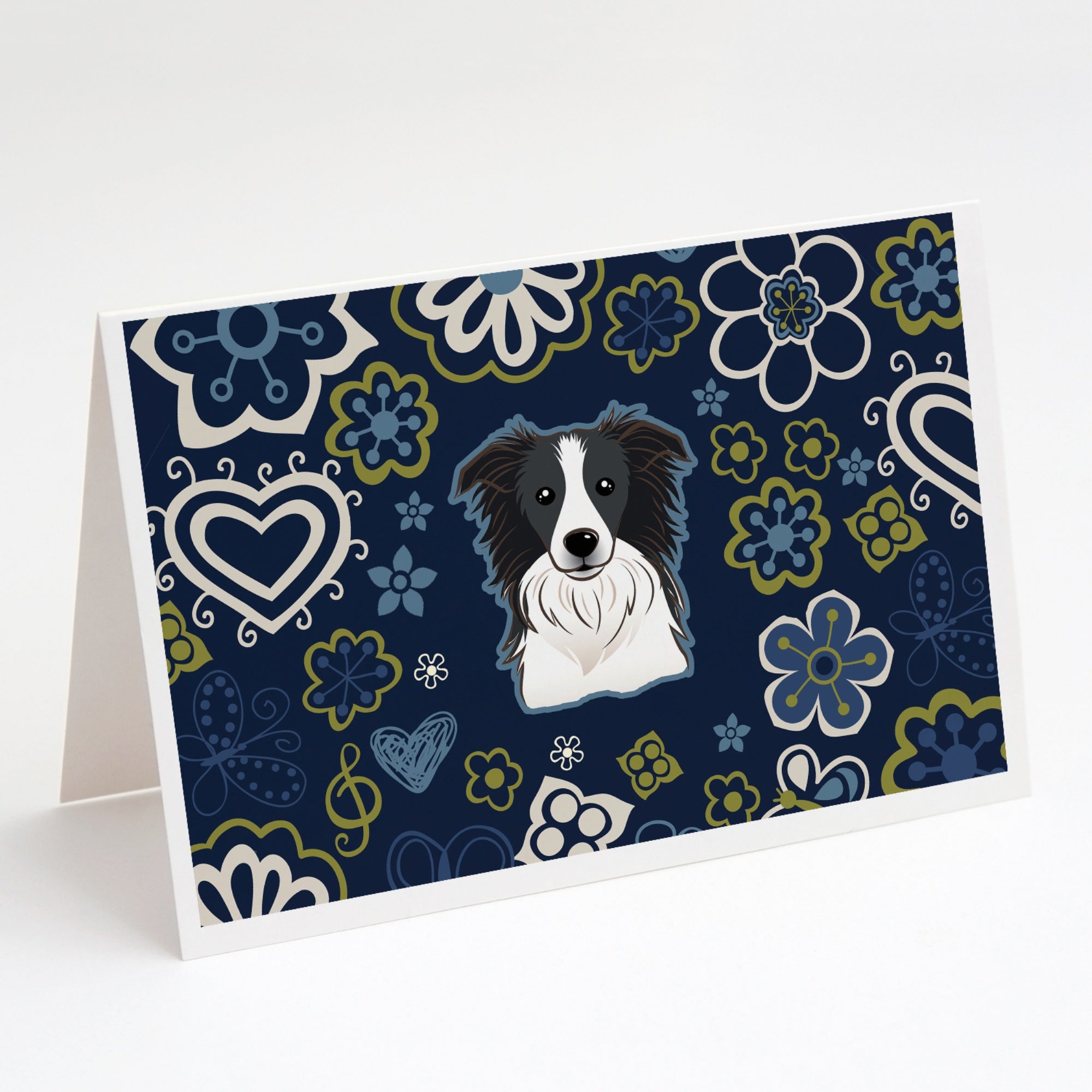 Blue Flowers Border Collie Greeting Cards And Envelopes Pack Of 8