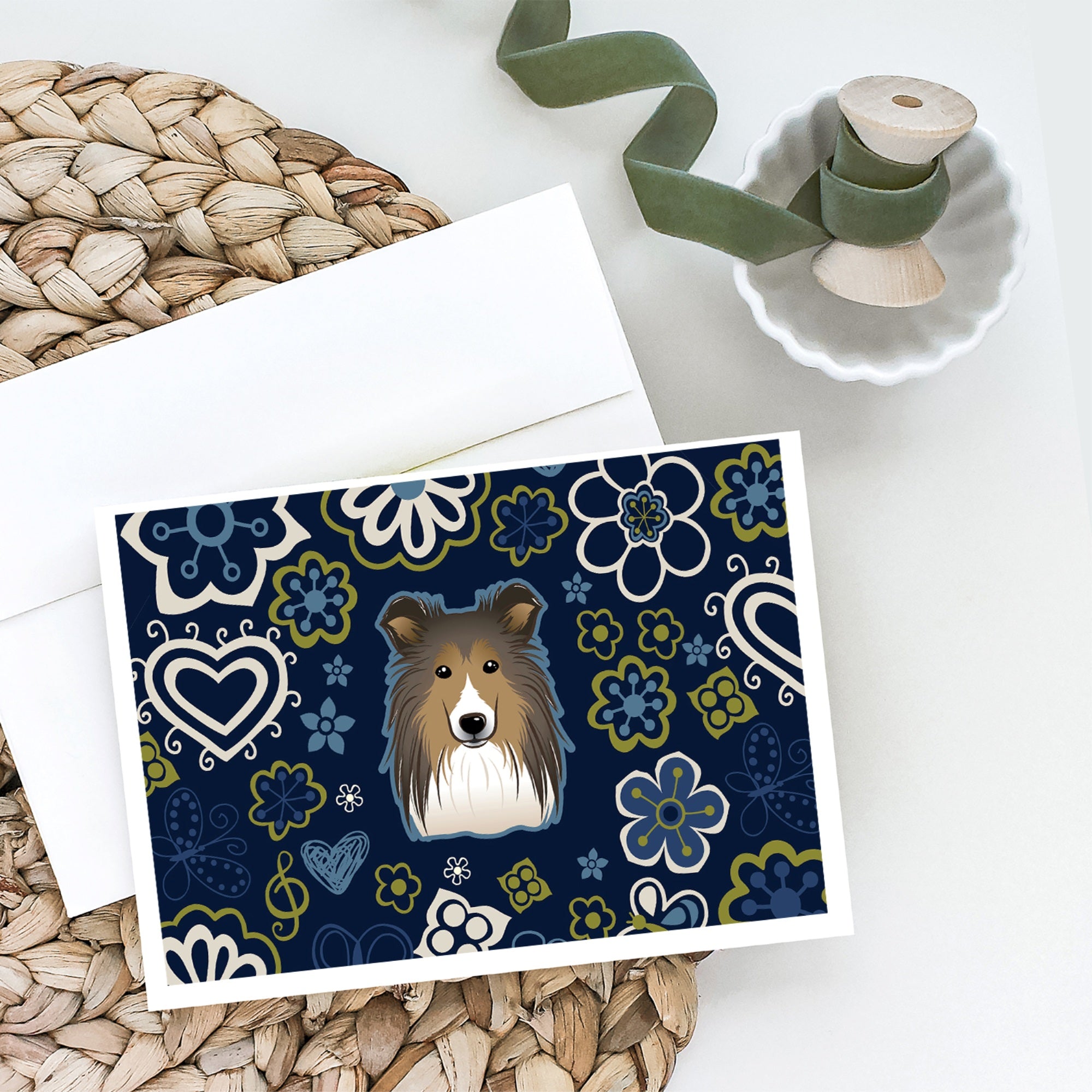 Blue Flowers Sheltie Greeting Cards And Envelopes Pack Of 8
