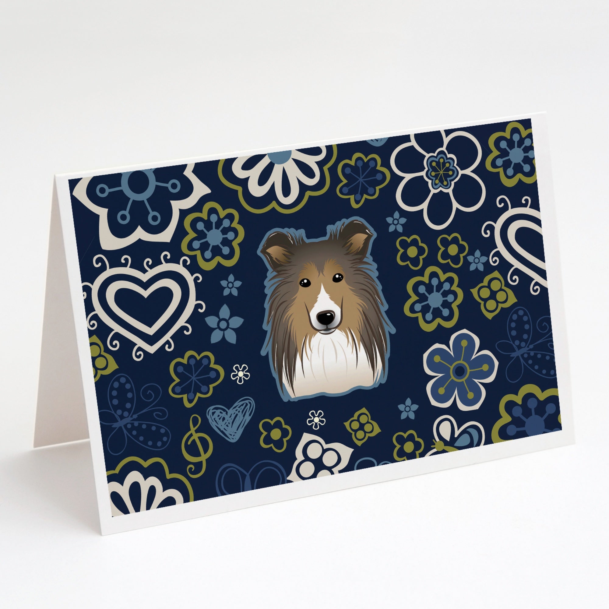 Blue Flowers Sheltie Greeting Cards And Envelopes Pack Of 8