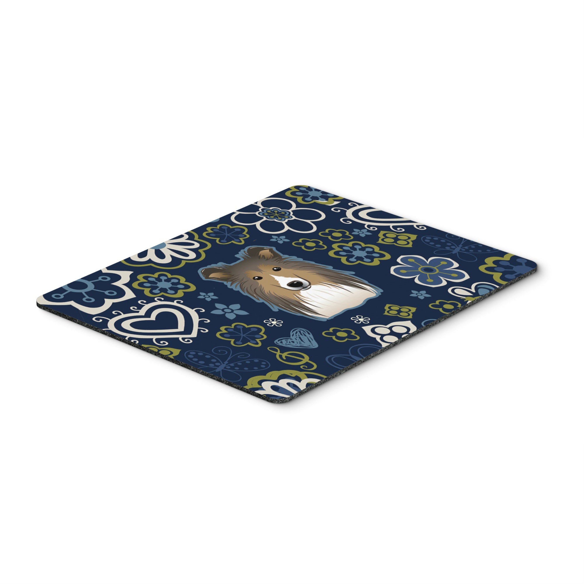 Blue Flowers Sheltie Mouse Pad, Hot Pad Or Trivet