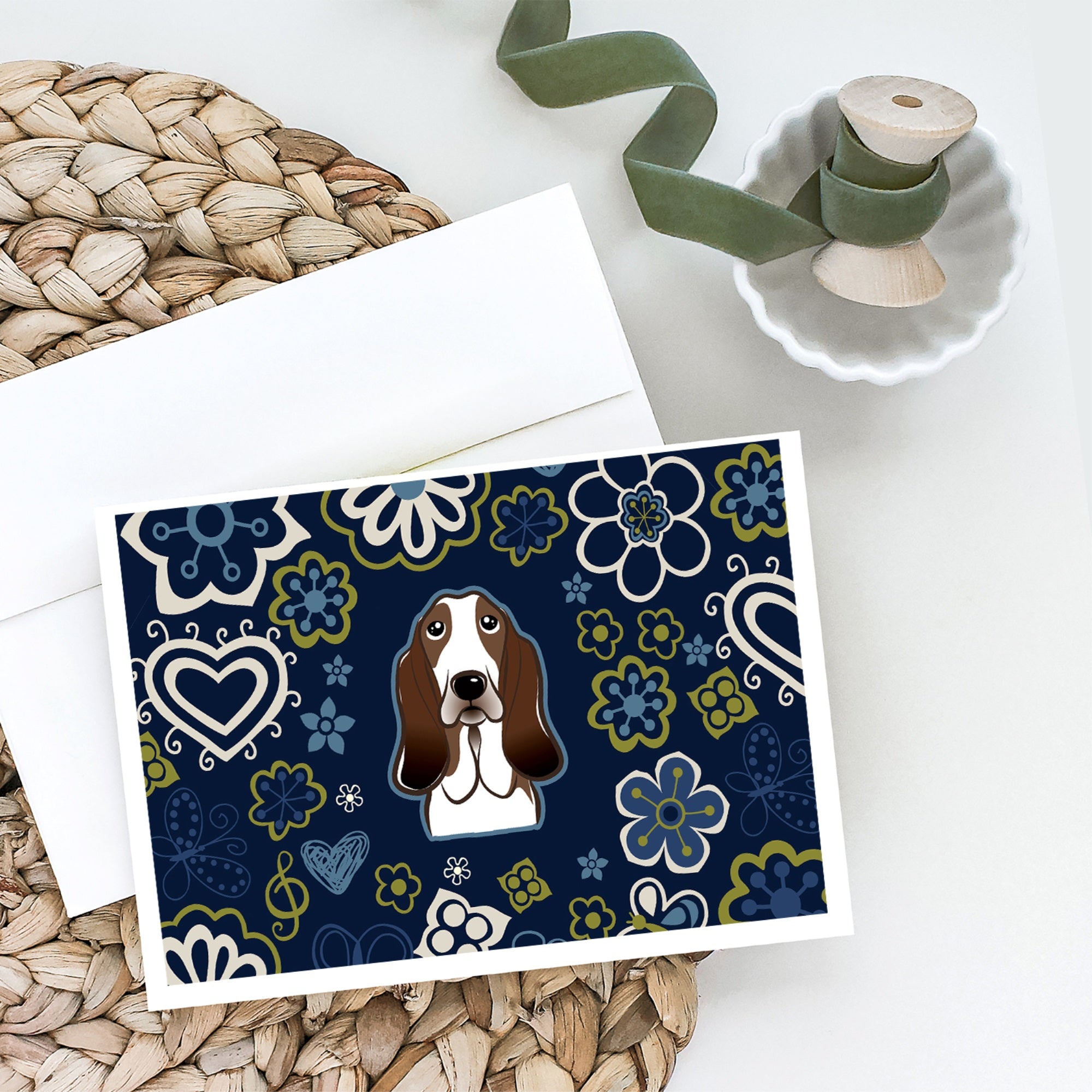 Blue Flowers Basset Hound Greeting Cards And Envelopes Pack Of 8