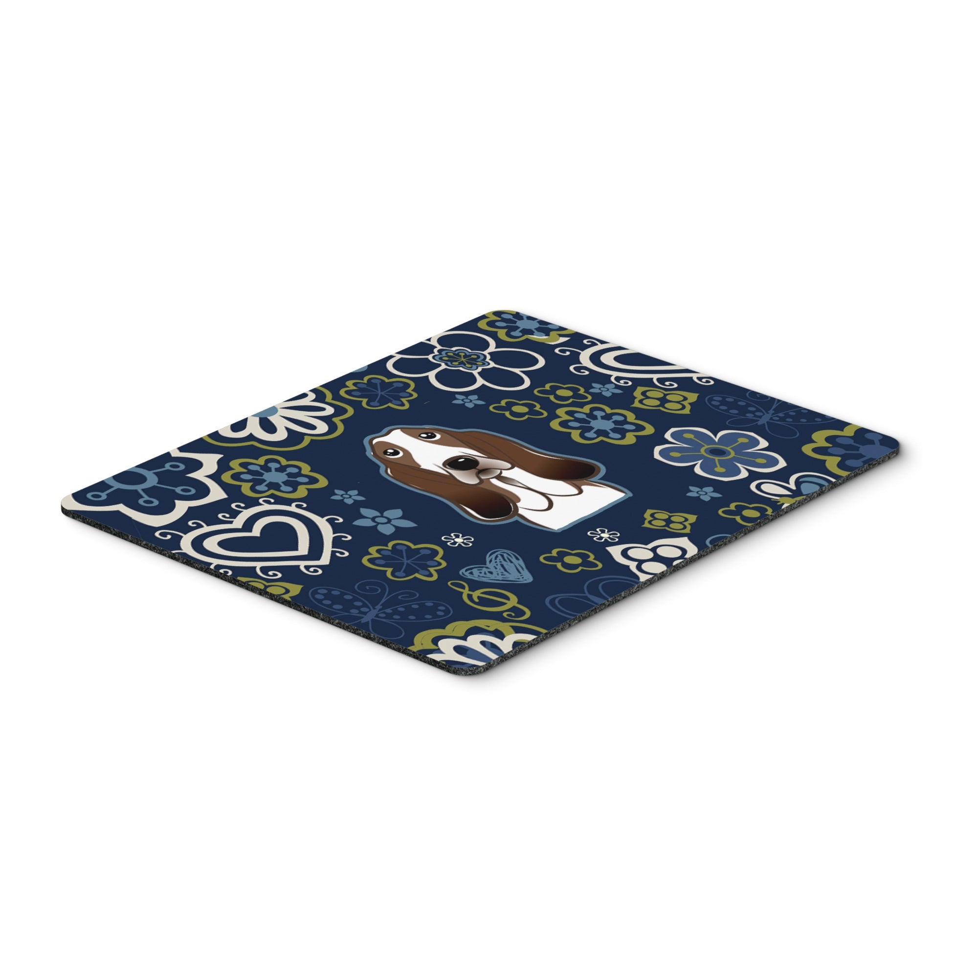 Blue Flowers Basset Hound Mouse Pad, Hot Pad Or Trivet