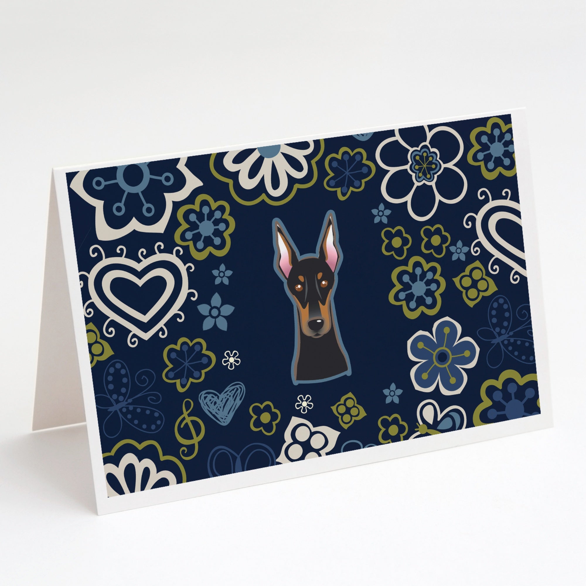 Blue Flowers Doberman Pinscher Greeting Cards And Envelopes Pack Of 8