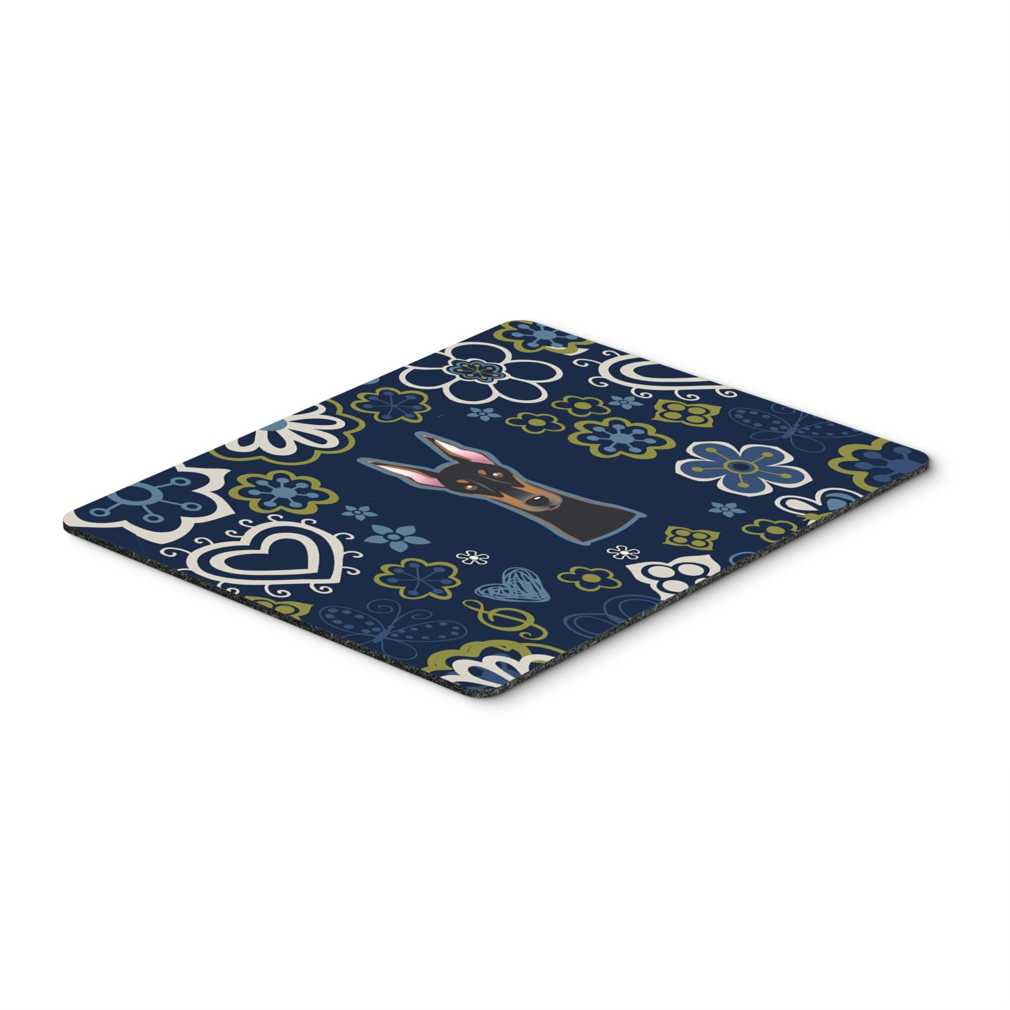 Blue Flowers Doberman Pinscher Mouse Pad, Hot Pad Or Trivet