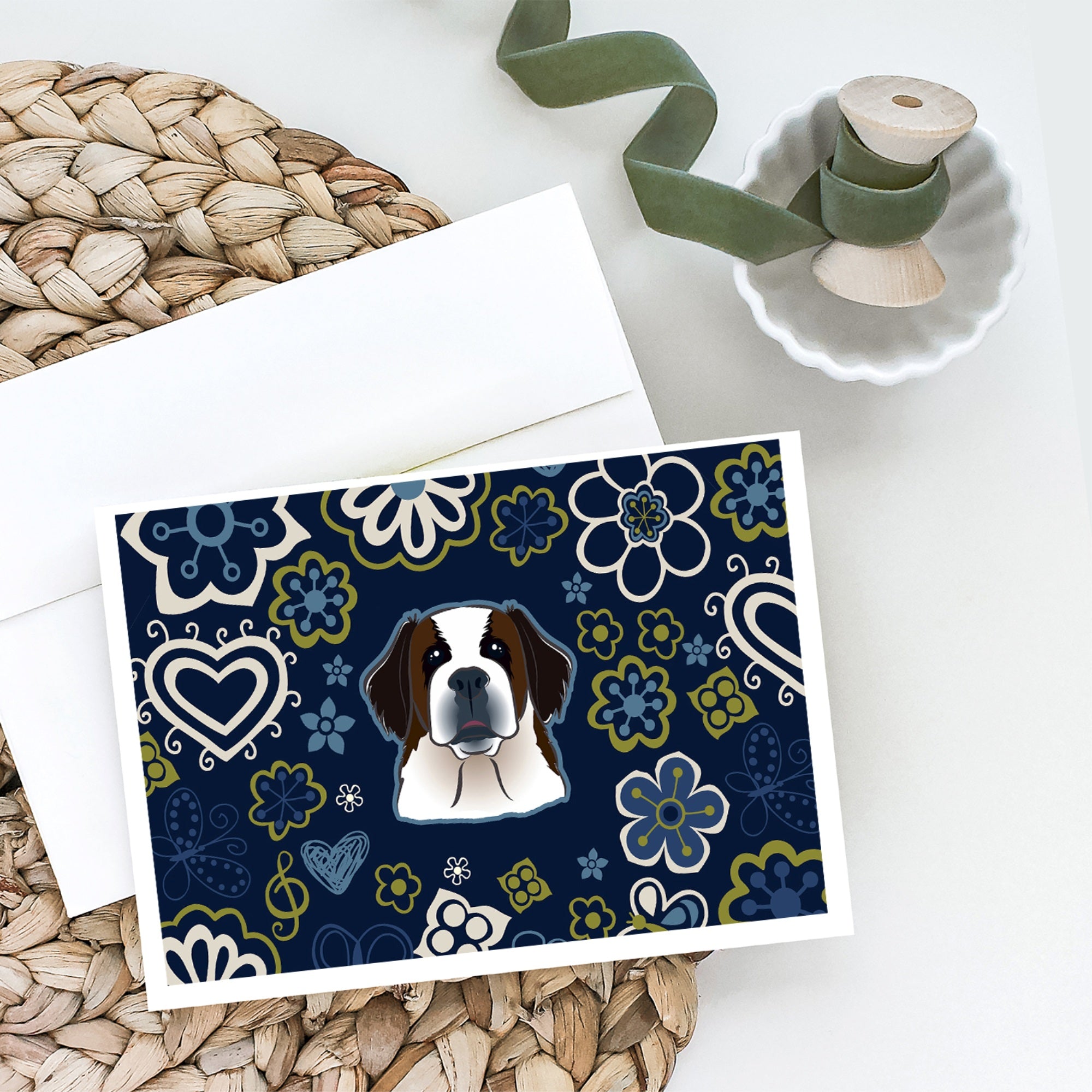 Blue Flowers Saint Bernard Greeting Cards And Envelopes Pack Of 8
