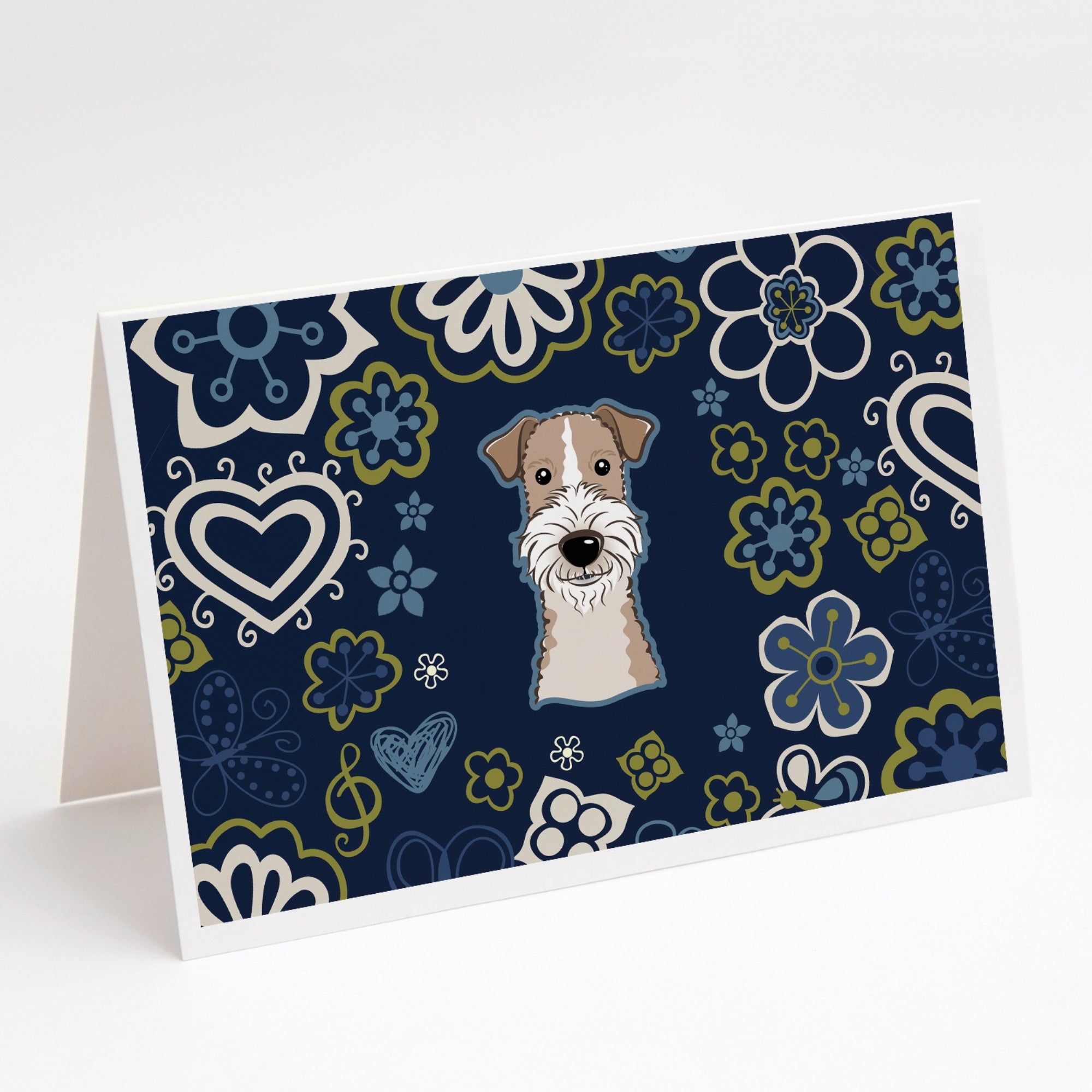 Blue Flowers Wire Haired Fox Terrier Greeting Cards And Envelopes Pack Of 8