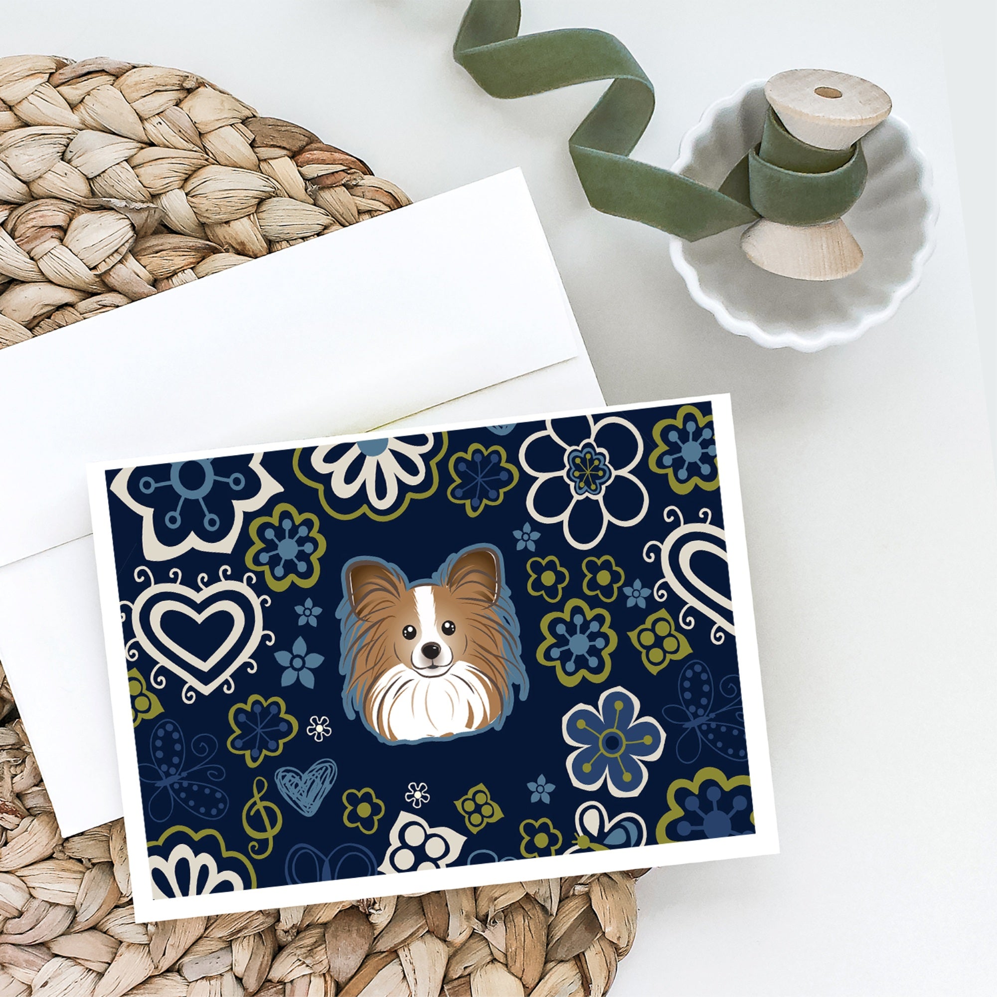 Blue Flowers Papillon Greeting Cards And Envelopes Pack Of 8