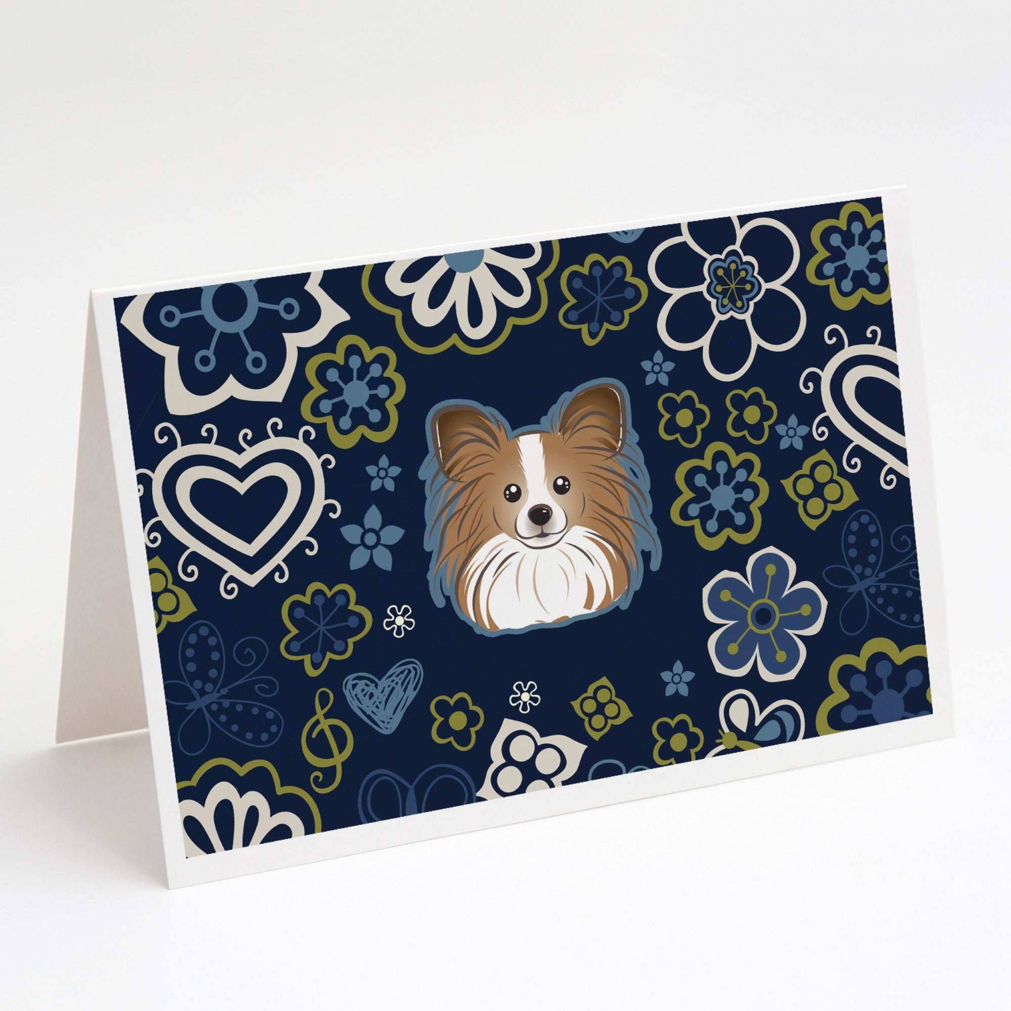 Blue Flowers Papillon Greeting Cards And Envelopes Pack Of 8
