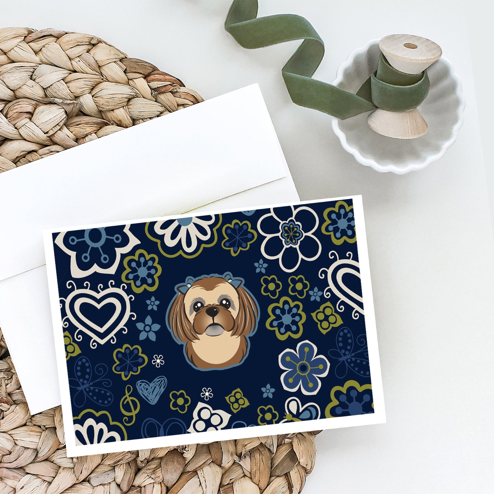 Blue Flowers Chocolate Brown Shih Tzu Greeting Cards And Envelopes Pack Of 8