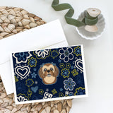 Blue Flowers Chocolate Brown Shih Tzu Greeting Cards And Envelopes Pack Of 8