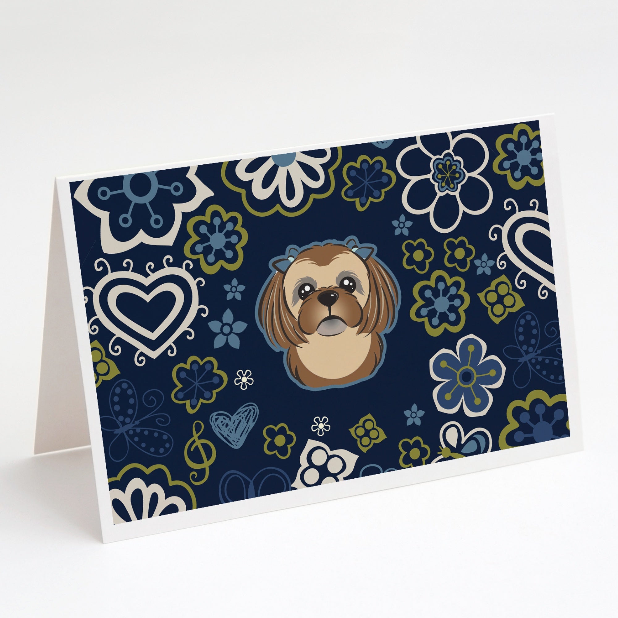 Blue Flowers Chocolate Brown Shih Tzu Greeting Cards And Envelopes Pack Of 8
