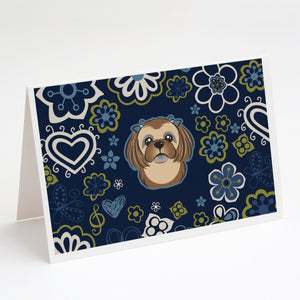 Blue Flowers Chocolate Brown Shih Tzu Greeting Cards And Envelopes Pack Of 8