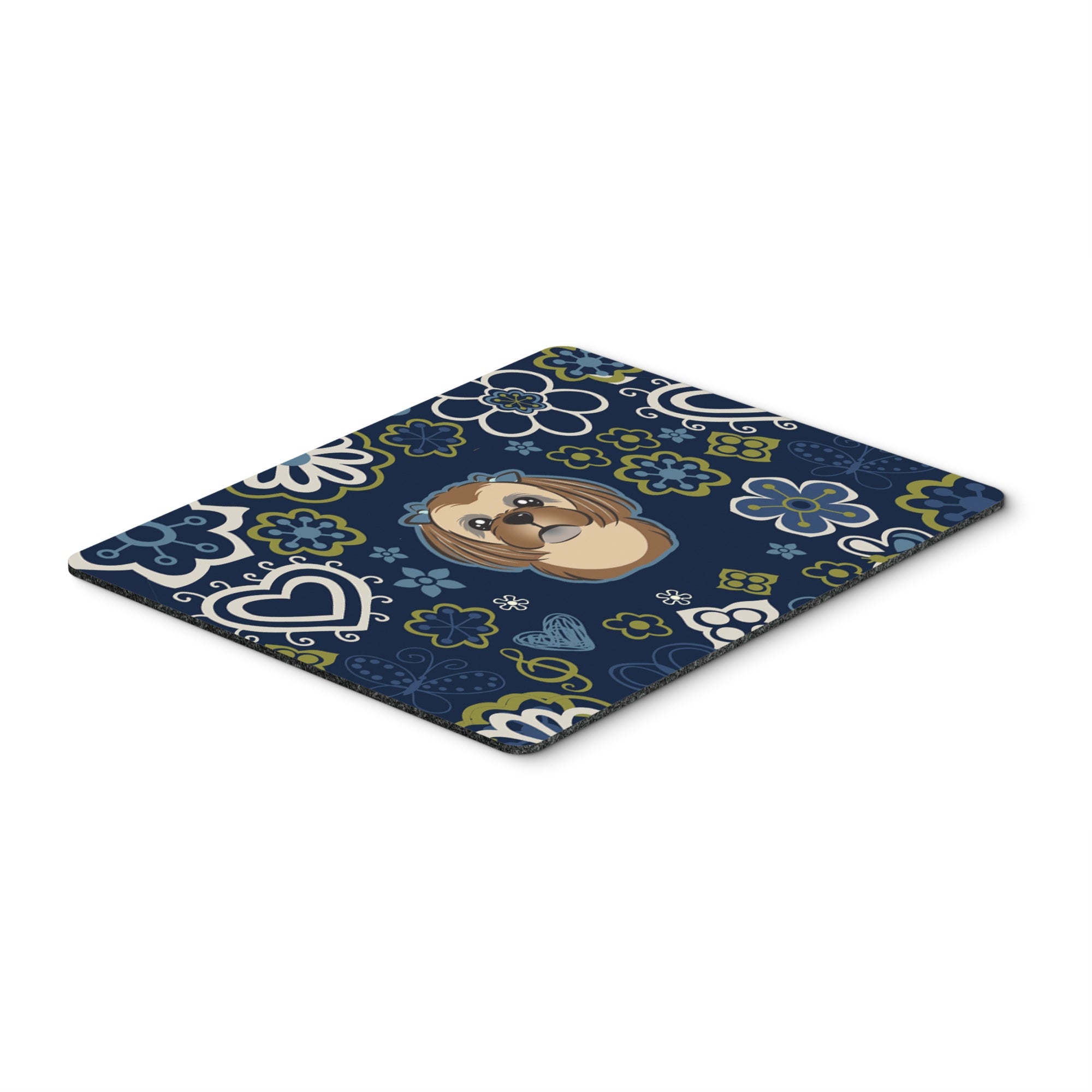 Blue Flowers Chocolate Brown Shih Tzu Mouse Pad, Hot Pad Or Trivet
