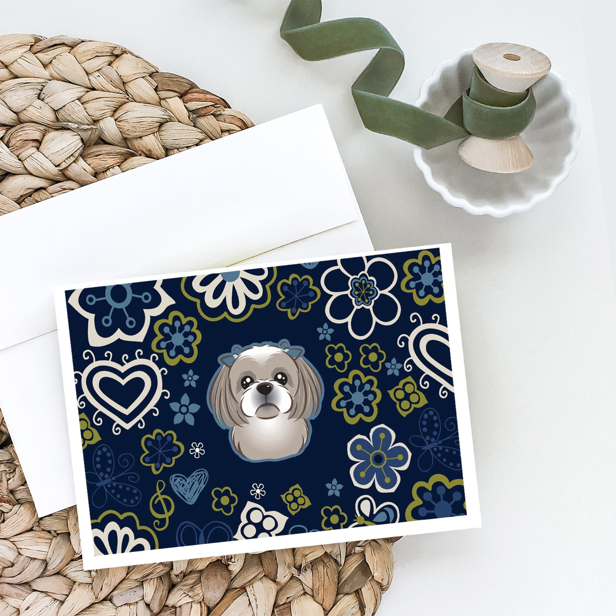 Blue Flowers Gray Silver Shih Tzu Greeting Cards And Envelopes Pack Of 8