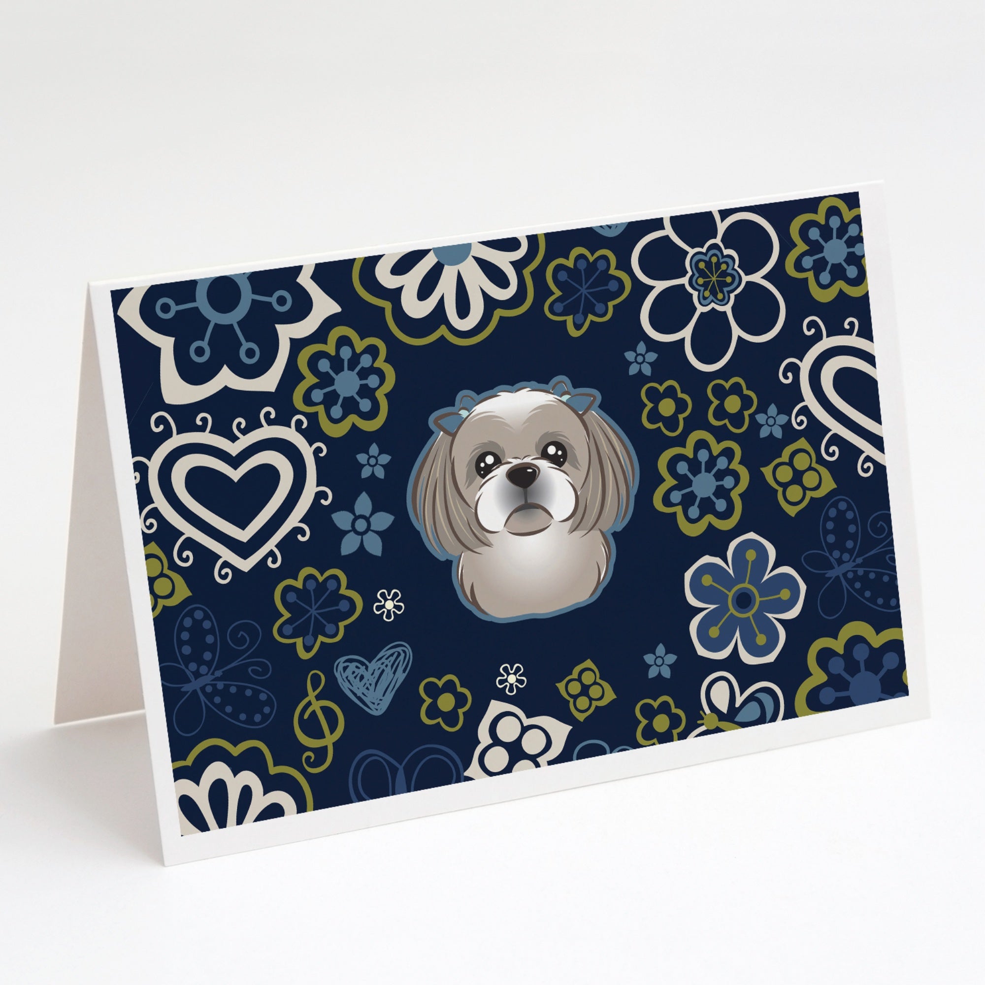 Blue Flowers Gray Silver Shih Tzu Greeting Cards And Envelopes Pack Of 8