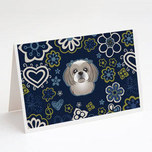 Blue Flowers Gray Silver Shih Tzu Greeting Cards And Envelopes Pack Of 8