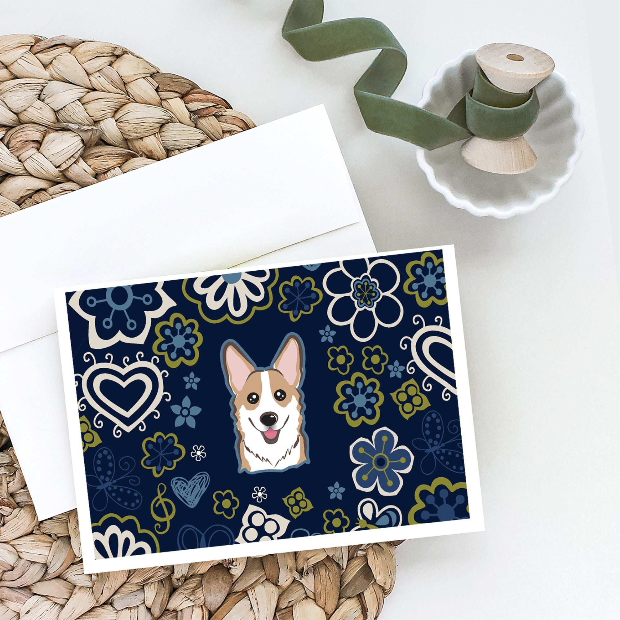 Blue Flowers Sable Corgi Greeting Cards And Envelopes Pack Of 8