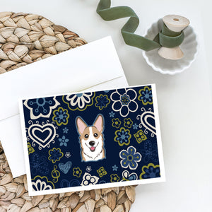Blue Flowers Sable Corgi Greeting Cards And Envelopes Pack Of 8