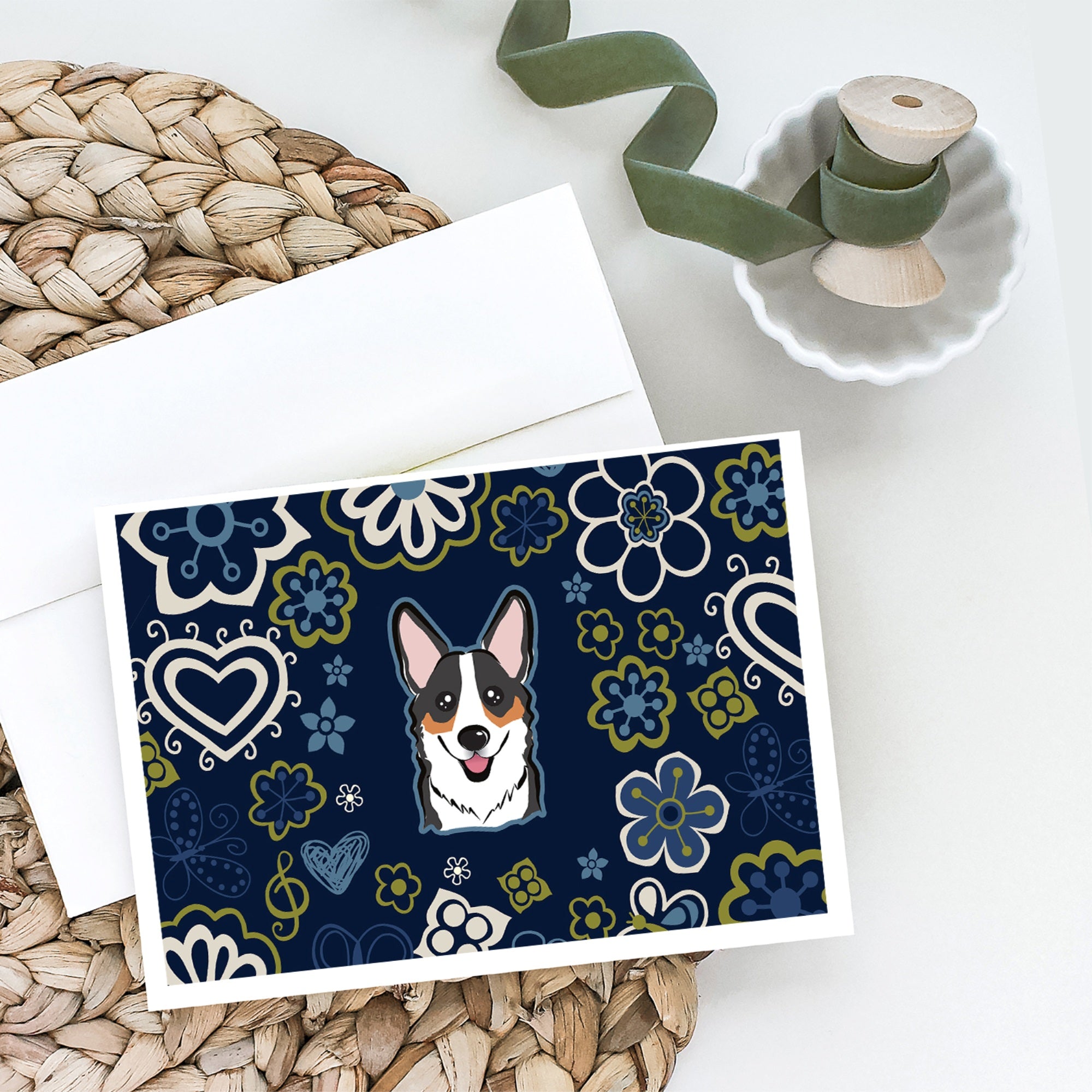 Blue Flowers Tricolor Corgi Greeting Cards And Envelopes Pack Of 8