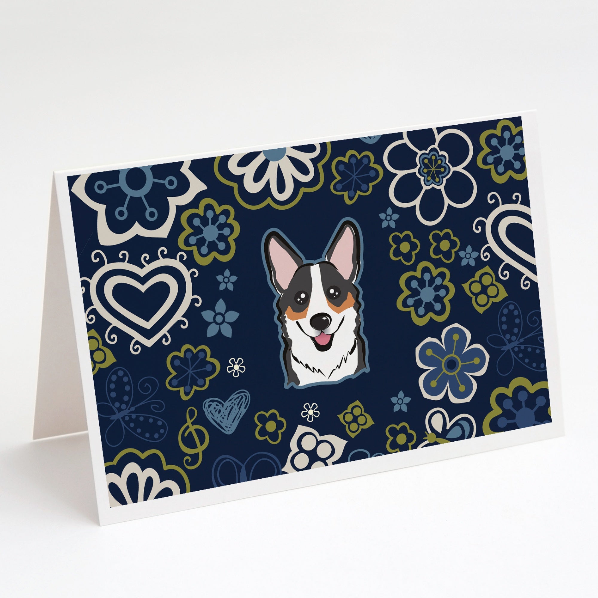 Blue Flowers Tricolor Corgi Greeting Cards And Envelopes Pack Of 8