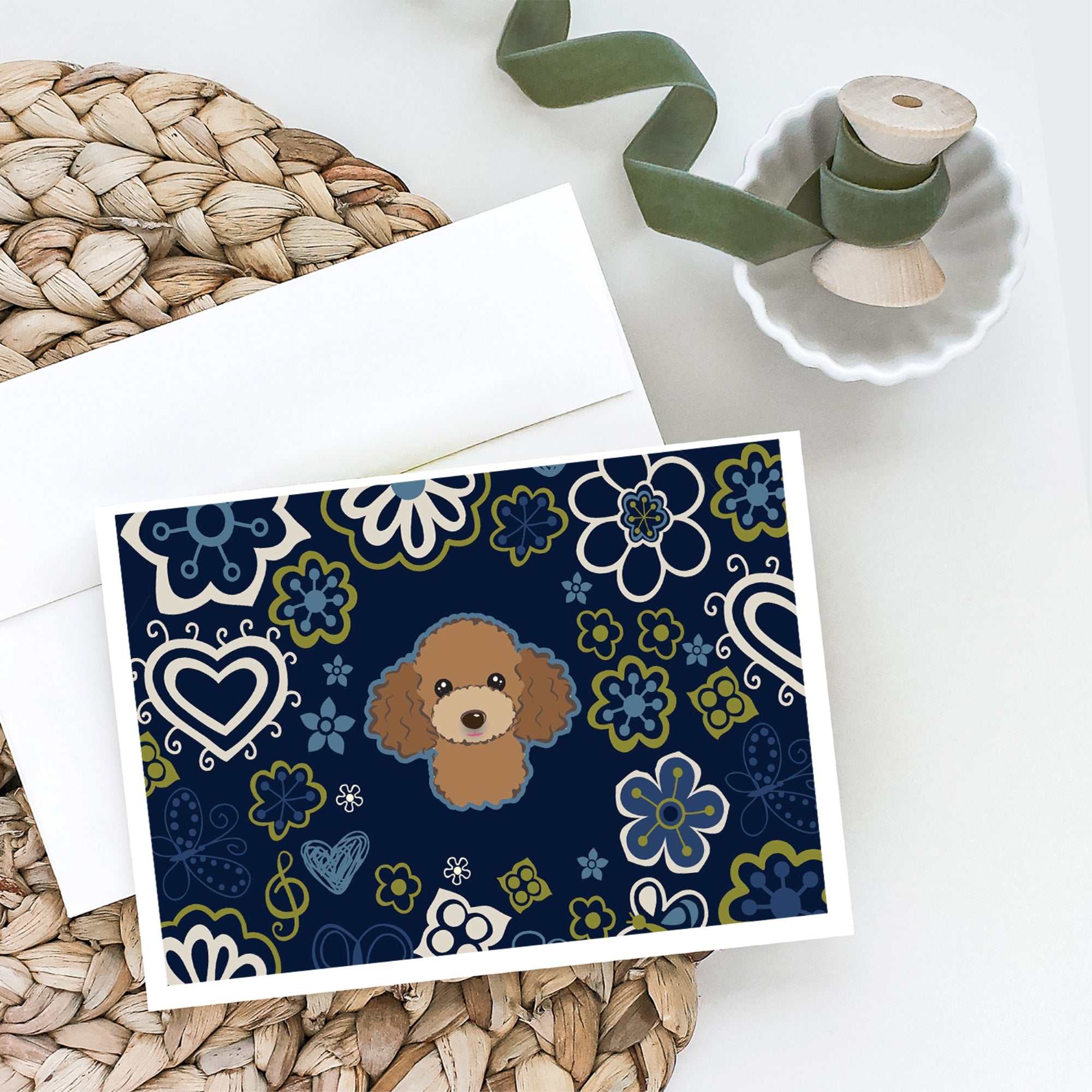 Blue Flowers Chocolate Brown Poodle Greeting Cards And Envelopes Pack Of 8