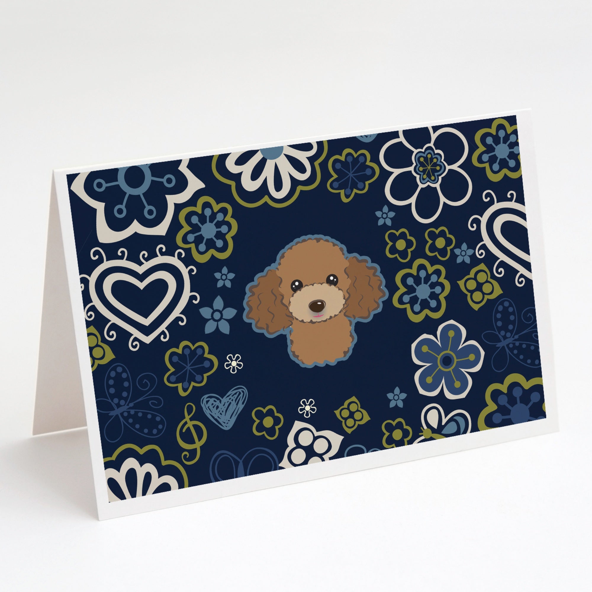 Blue Flowers Chocolate Brown Poodle Greeting Cards And Envelopes Pack Of 8